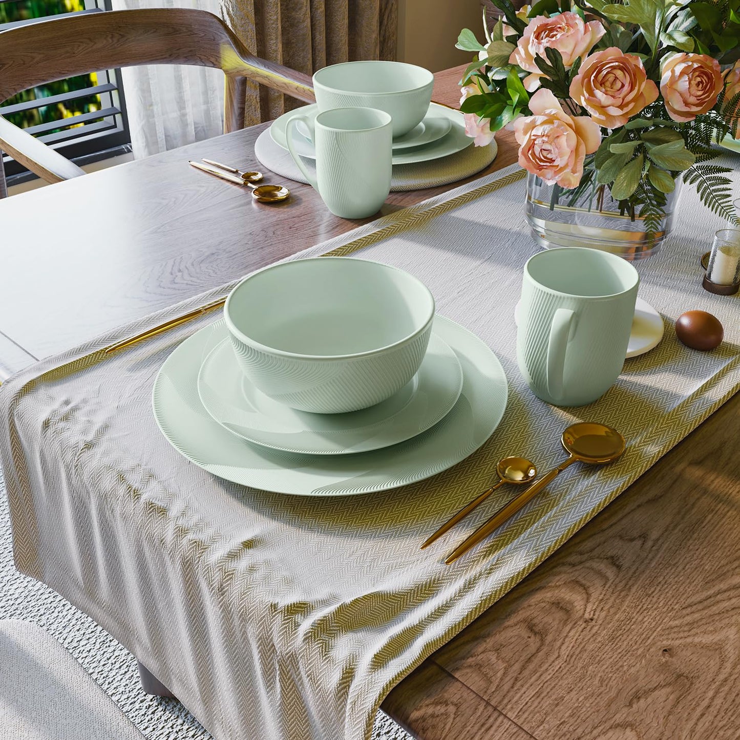 Yoshy 12-Piece White Bone China Dinnerware with Lightweight Durable Chip Resistant Design Service for 4 (16 Piece - Service for 4, Willowmist)