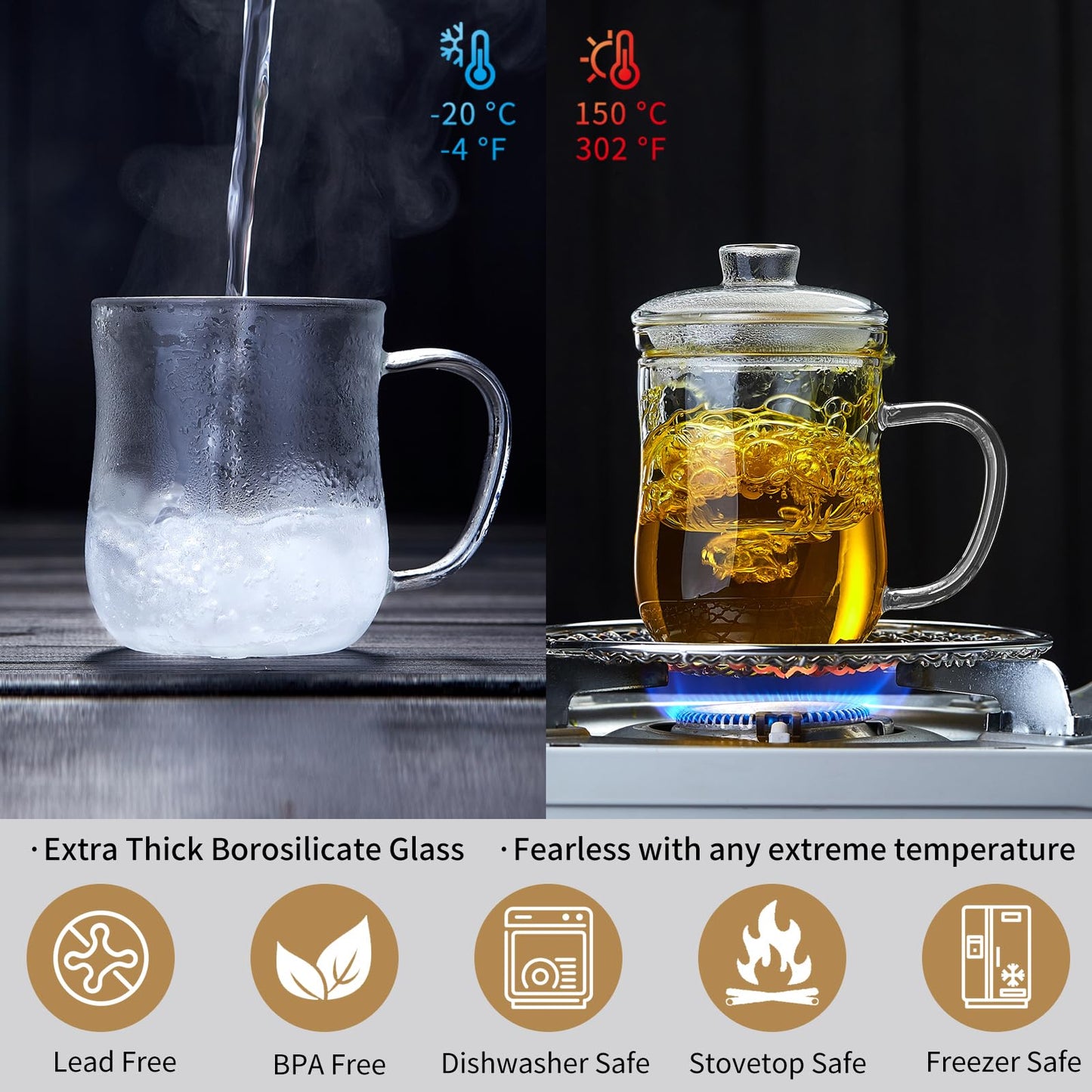 DOPUDO Glass Tea Cup with Infuser and Lid, 12oz/350ml Large Borosilicate Teacup, Clear Mug for Loose Leaf Tea, Birthday Gift for Tea Lover