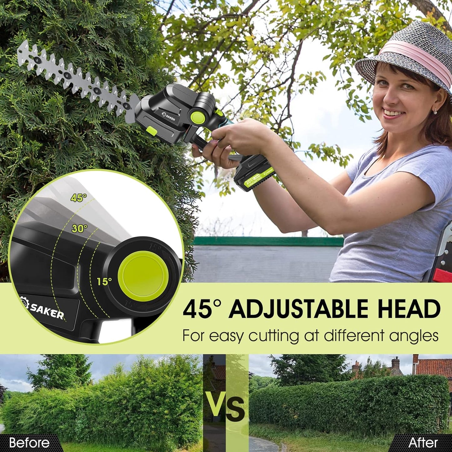 Saker Cordless Hedge Trimmer - 20V Electric Shrub Shears with 2 Rechargeable Batteries & Charger | Ideal for Garden & Lawn