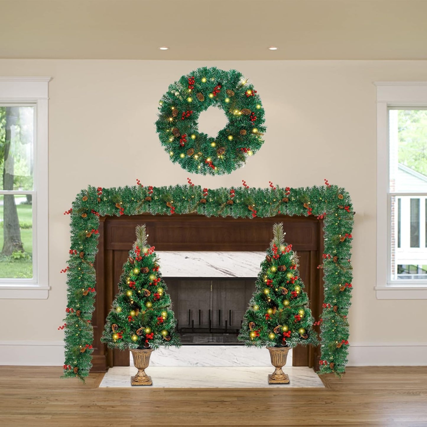 Juegoal Christmas Decorations - 4-Piece Pre-Lit Artificial Entrance Trees Set with Wreath & Garlands | 8 Lighting Modes & Timer for Festive Home Decor