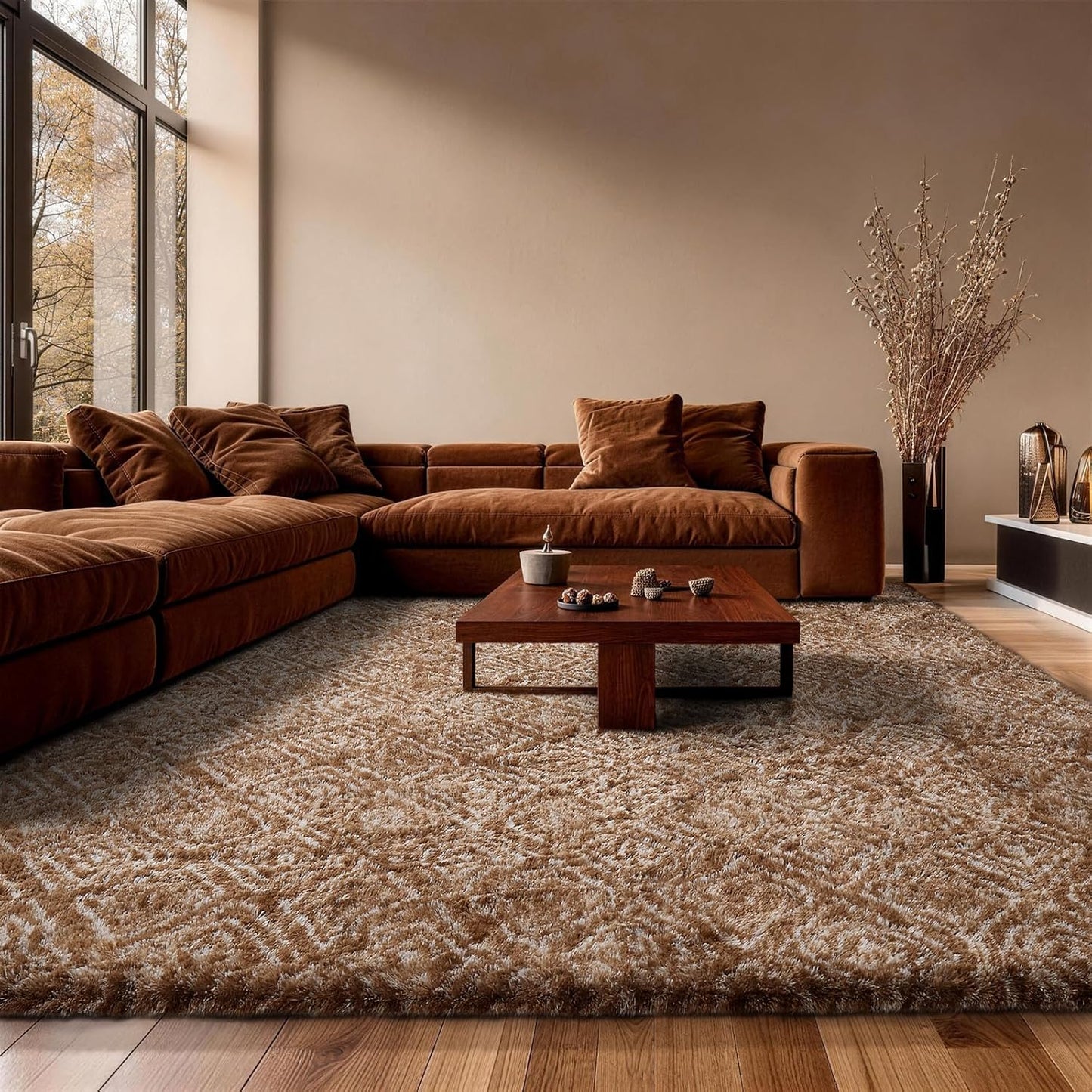 Ophanie Brown & White Diamond Striped Rug - Fluffy Shag 9x12 Soft Carpet for Living Room & Bedroom Decor