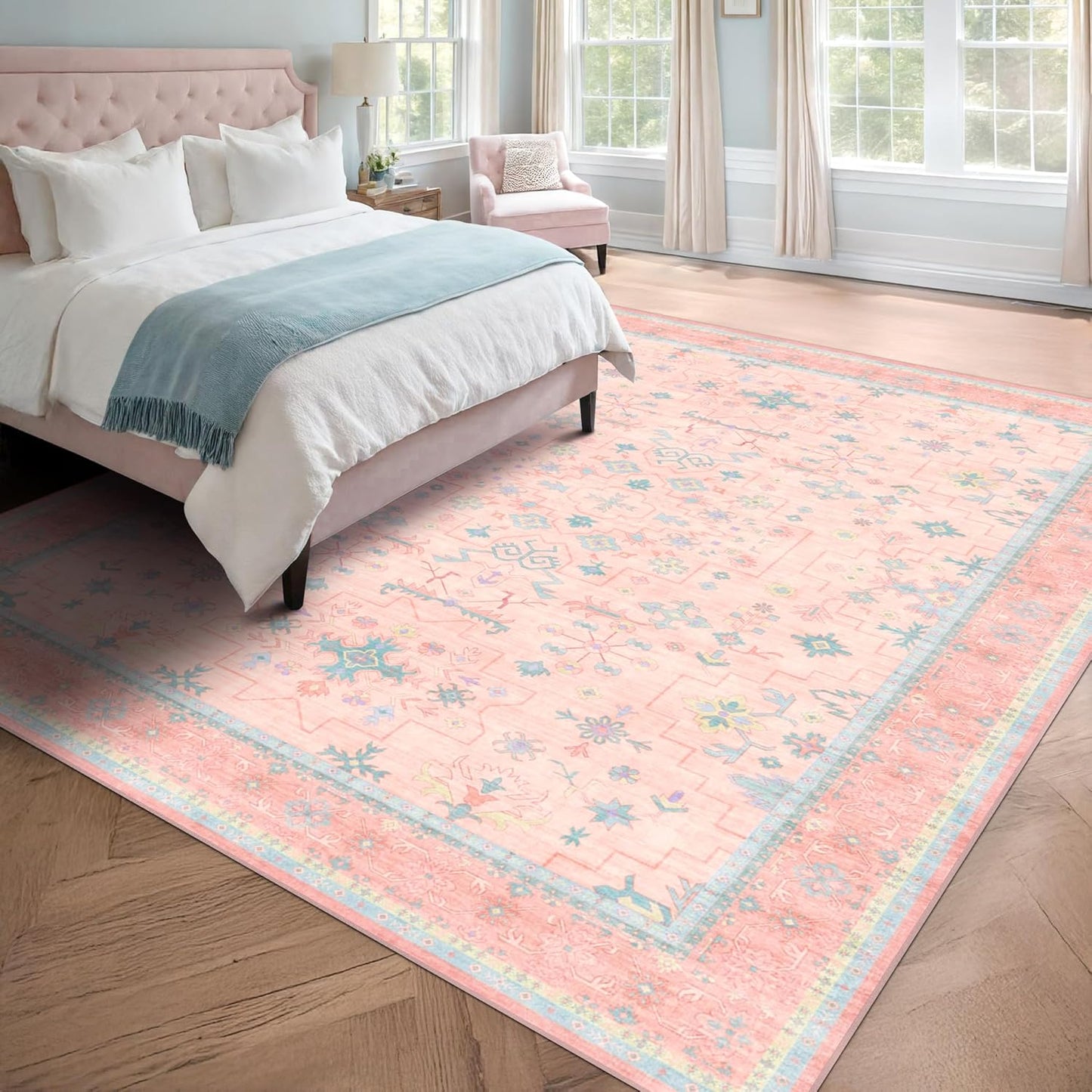 Skiennix Boho Area Rug - Washable Pink & Blue 6x8 for Kids' Playroom | Soft, Non-Slip, Stain-Resistant Design