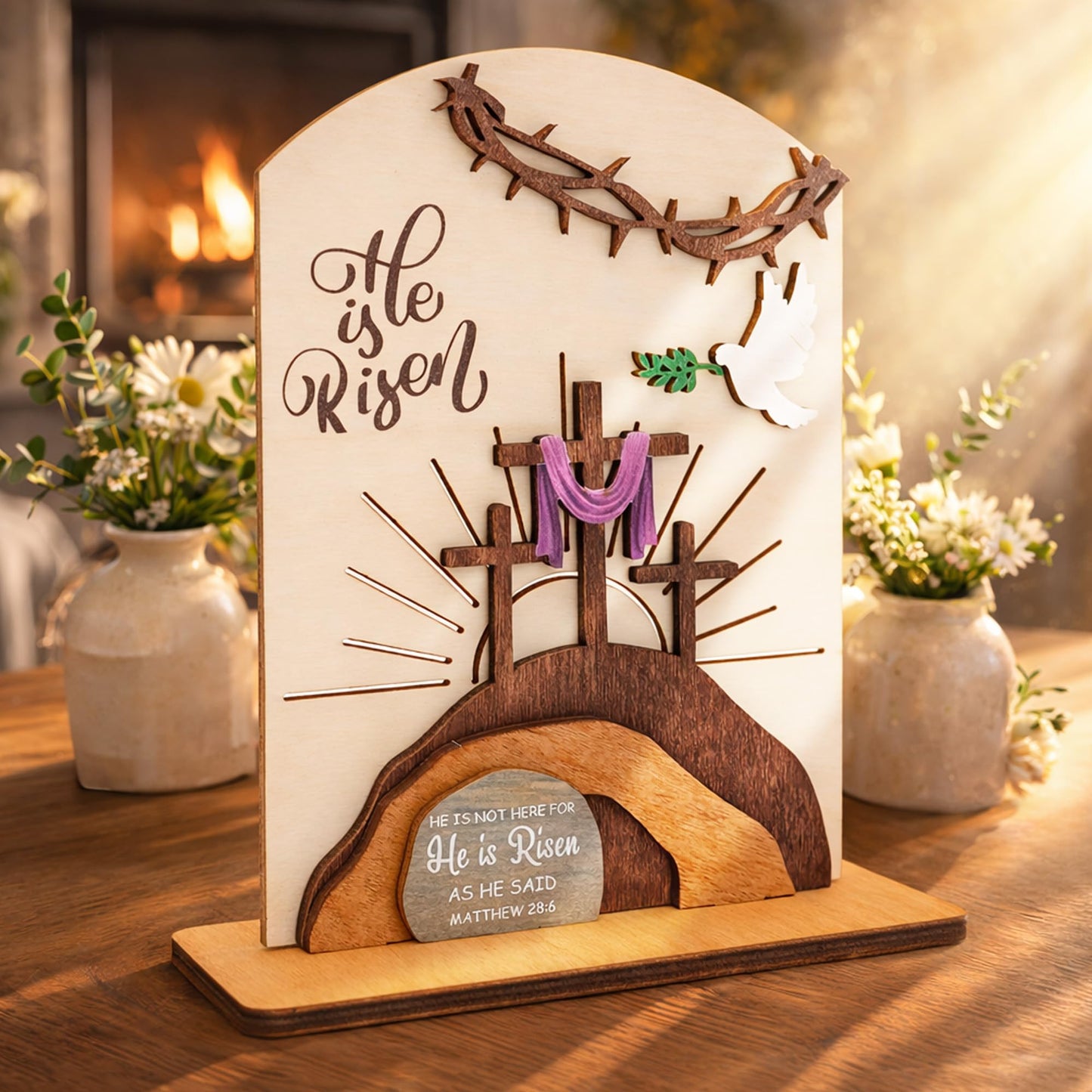 Alcarin He is Risen Easter Resurrection Decor - Easter Decorations for Home - Empty Tomb Religious Resurrection Set Decoration for Table, Desk, Home