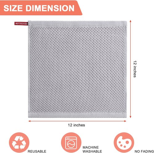 BOOMIBOO Kitchen Dish Cloths - 6-Pack Ultra Soft 100% Cotton Waffle Weave, Quick Drying | Light Grey, 12x12 Inches