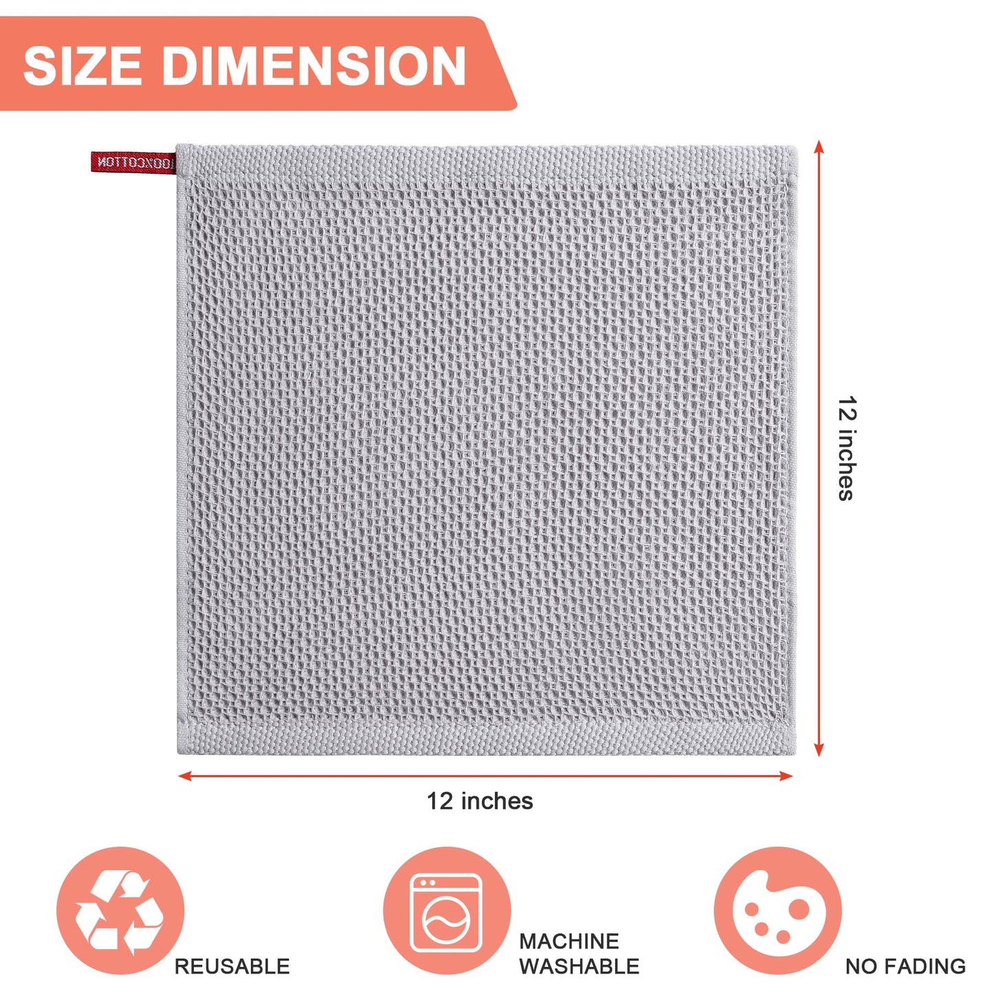 BOOMIBOO 6-Pack Kitchen Dish Cloths, 100% Cotton Waffle Weave, Ultra Soft Absorbent, Quick Drying Dish Towels, 12x12 Inches，Light Grey