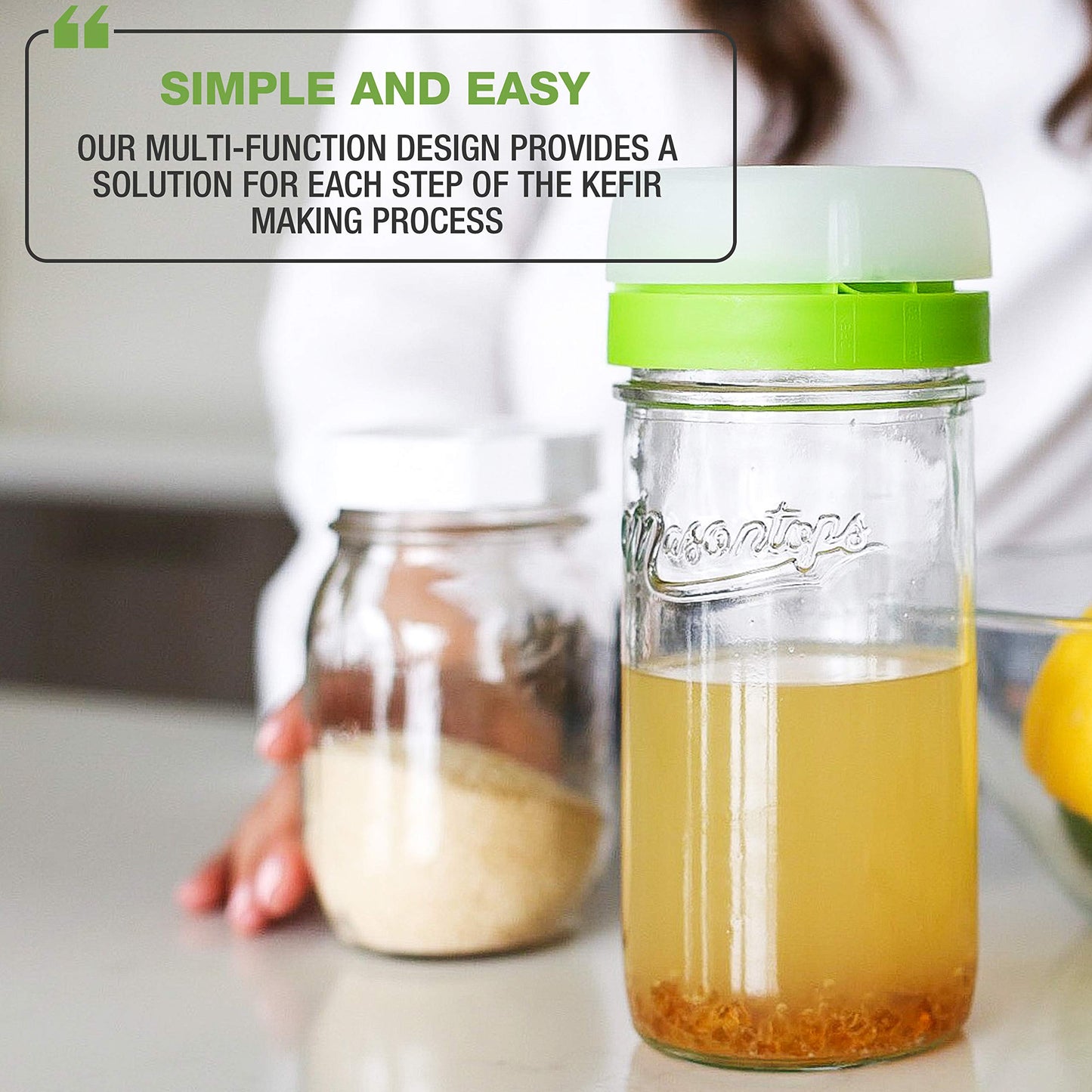 Masontops kefir lid mason jar lids wide mouth mason jar lids living culture grain drainer starter kit for home fermentation 2 packs