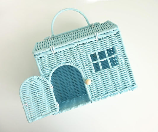 Rool Rattan Dollhouse Basket - Boho Wicker Gift for Girls | Small Purse Clutch & Doll Carrier (Blue)
