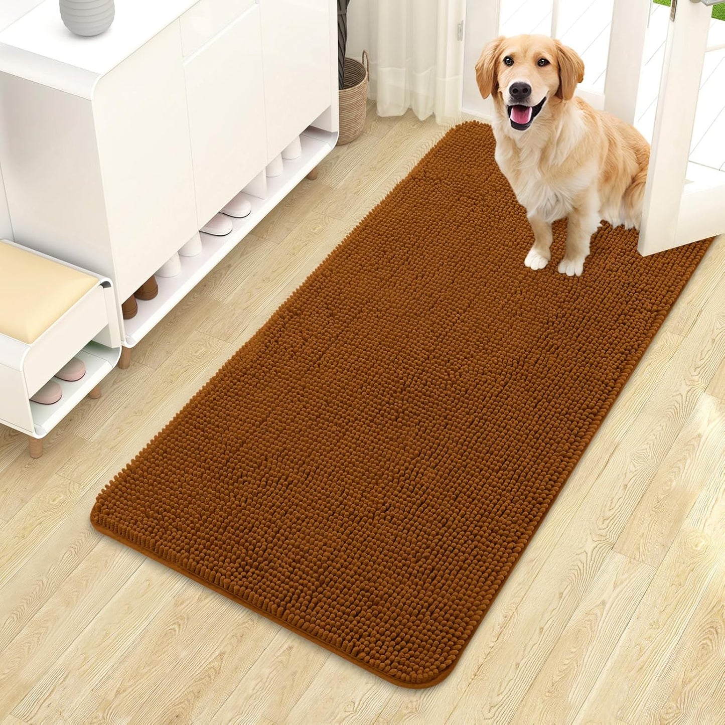 OLANLY Dog Door Mat - Absorbent Non-Slip Chenille Mat for Muddy Paws | 44x24 Inches, Ochre Color