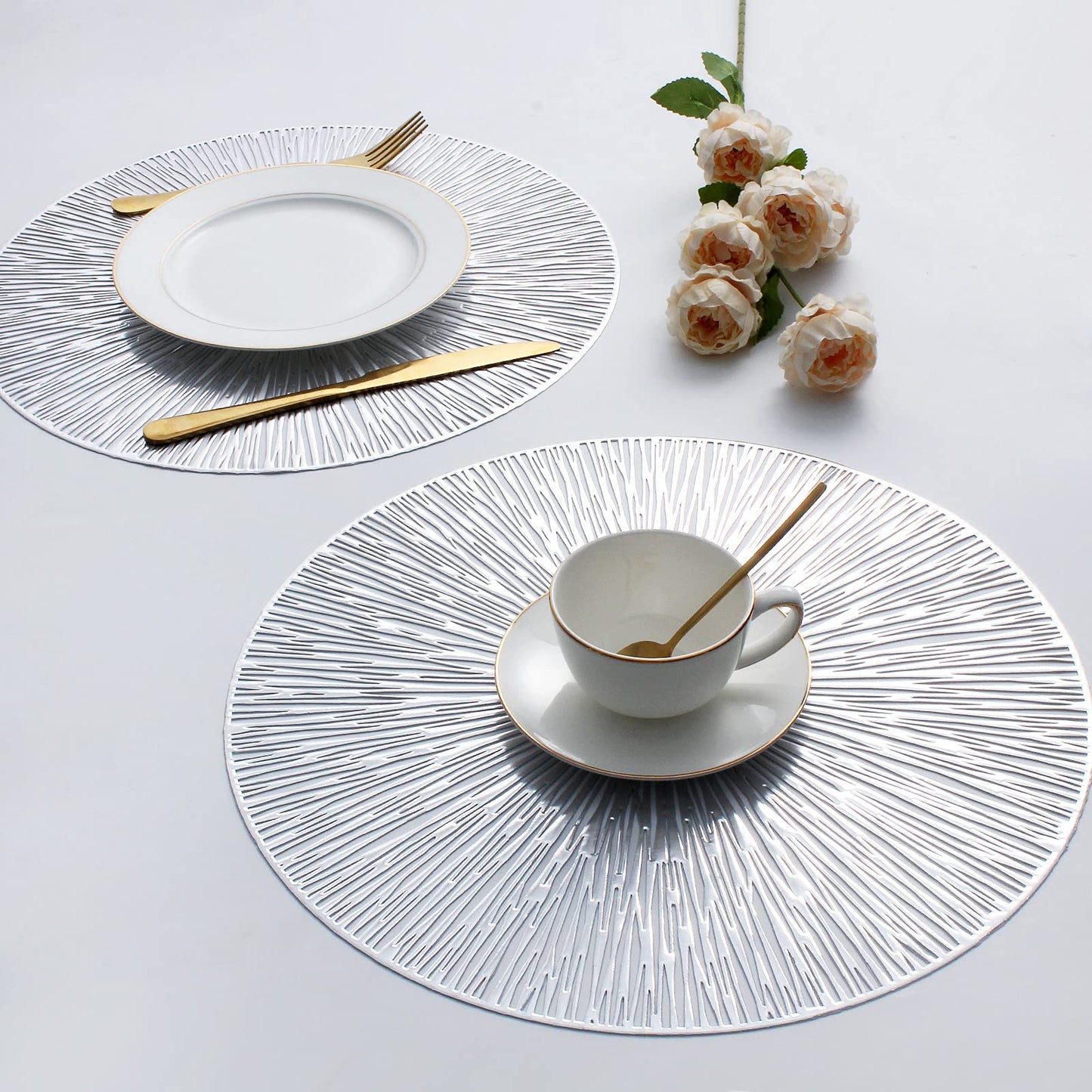 Evevda Placemats for Dining Table Set of 6 Round Hollow Out Table Mats Pressed Metallic Vinyl Plastic Place Mats Table Decoration for Holiday Wedding Accent Centerpiece(Silver Radial Circle)