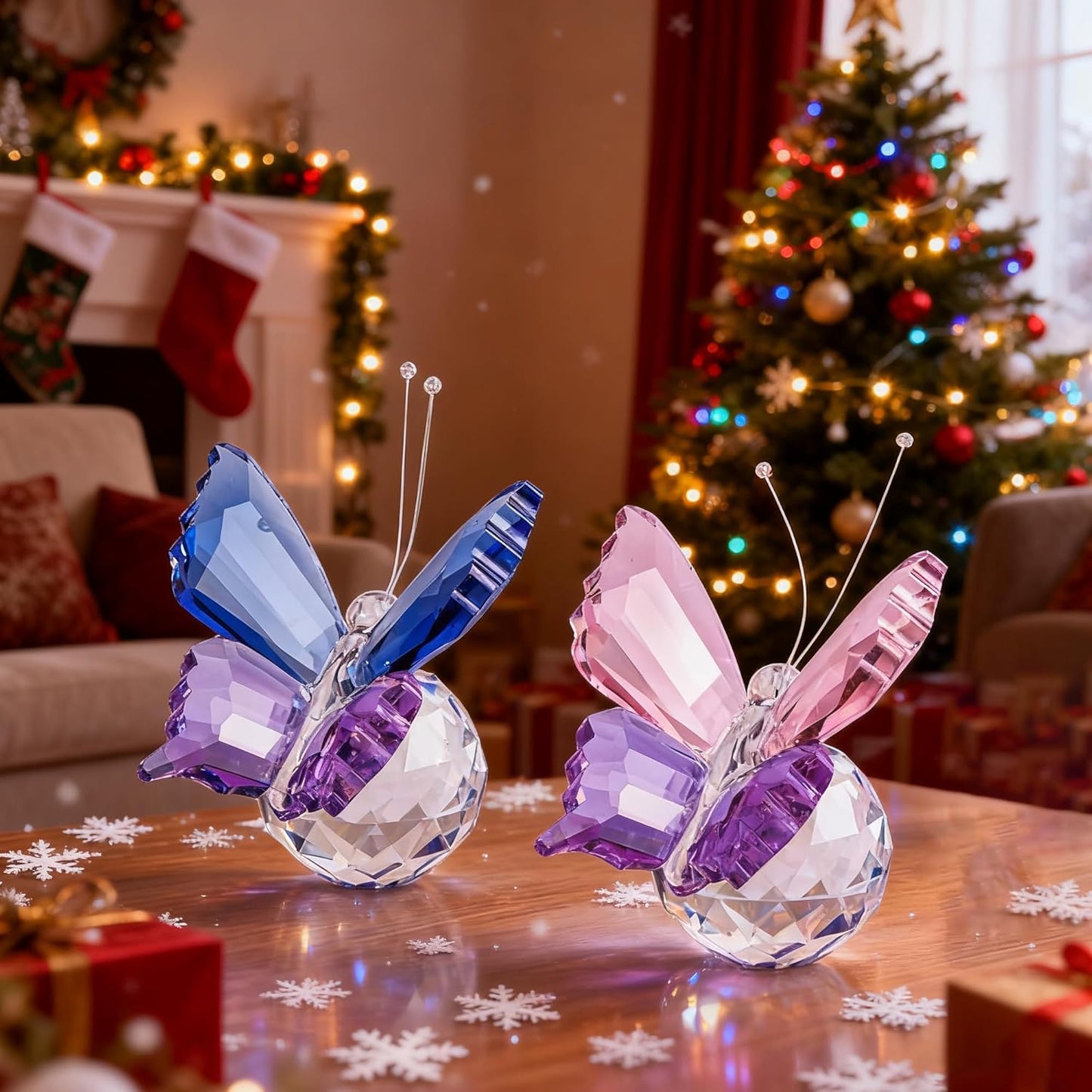 Skiennix Crystal Butterfly Figurines - Elegant Collectible Ornaments with Clear Ball Base | 2-Piece Set for Home Decor and Gifts