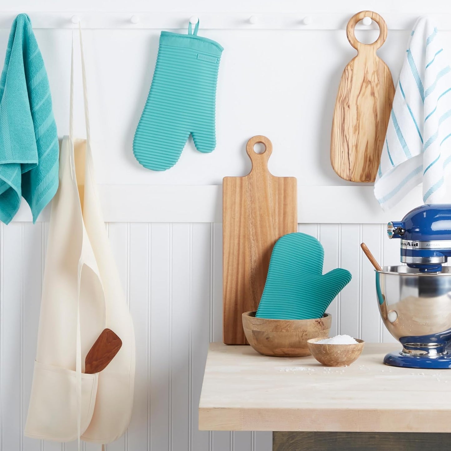 KitchenAid Ribbed Silicone Oven Mitts - Heat Resistant 2-Pack Set, 7.5"x13", Aqua Sky