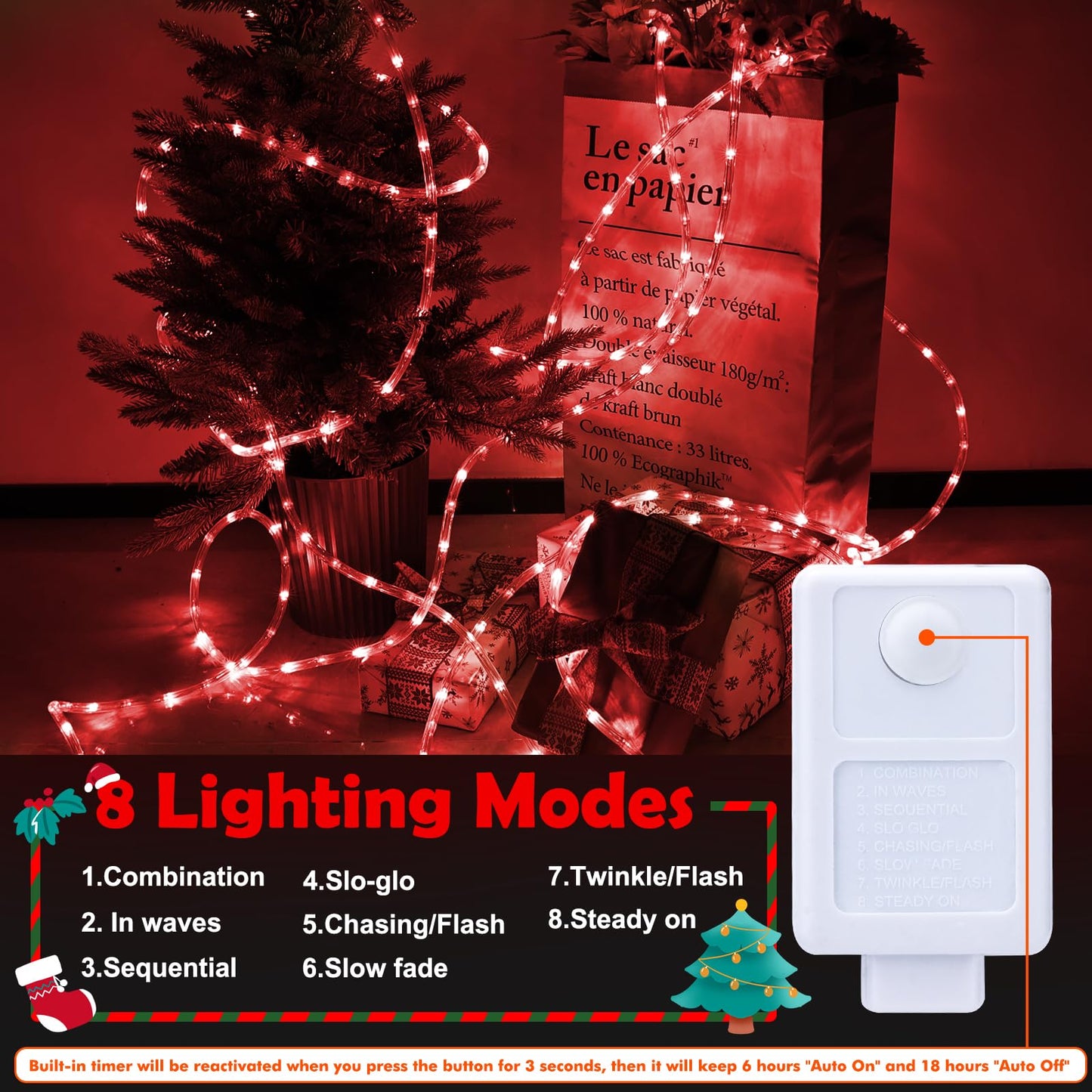 50ft LED Rope Lights Outdoor, 360 LED Connectable and Flexible Tube Lights with 8 Modes, Waterproof LED Rope Lighting for Garden, Patio, Pool, Bedroom, Party, Indoor Outdoor Christmas Decoration (Red)