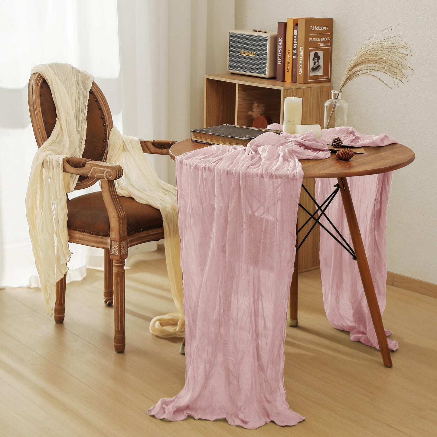 Leetaltree Cheesecloth Table Runner with Wrinkle Texture - 35x120 Inch 10 FT Crinkled Gauze Table Runner for Wedding, Party & Home Decor - Elegant Scarf Table Runner (Pink, 3 Pack)