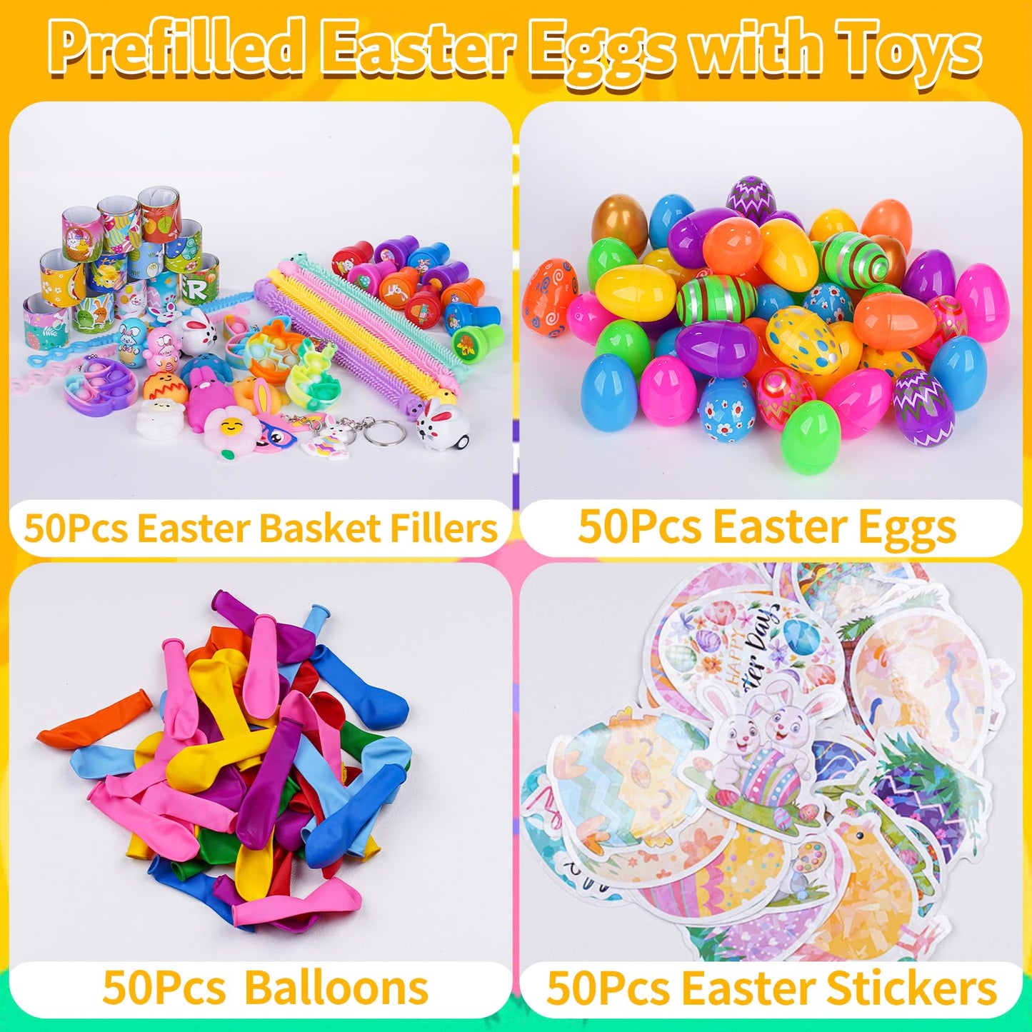 YiYLunneo 200PCS Prefilled Easter Eggs with Toys Inside for Kids, Easter Basket Stuffers Fillers with Fidget Toys 50 Pack for Easter Eggs Hunt Easter Party Favors, Easter Classroom Prize Gifts