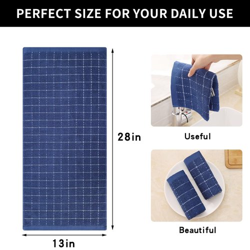 Homaxy 100% Cotton Terry Kitchen Towels(Navy Blue, 13 x 28 inches), Checkered Designed, Soft and Super Absorbent Dish Towels, 24 Pack