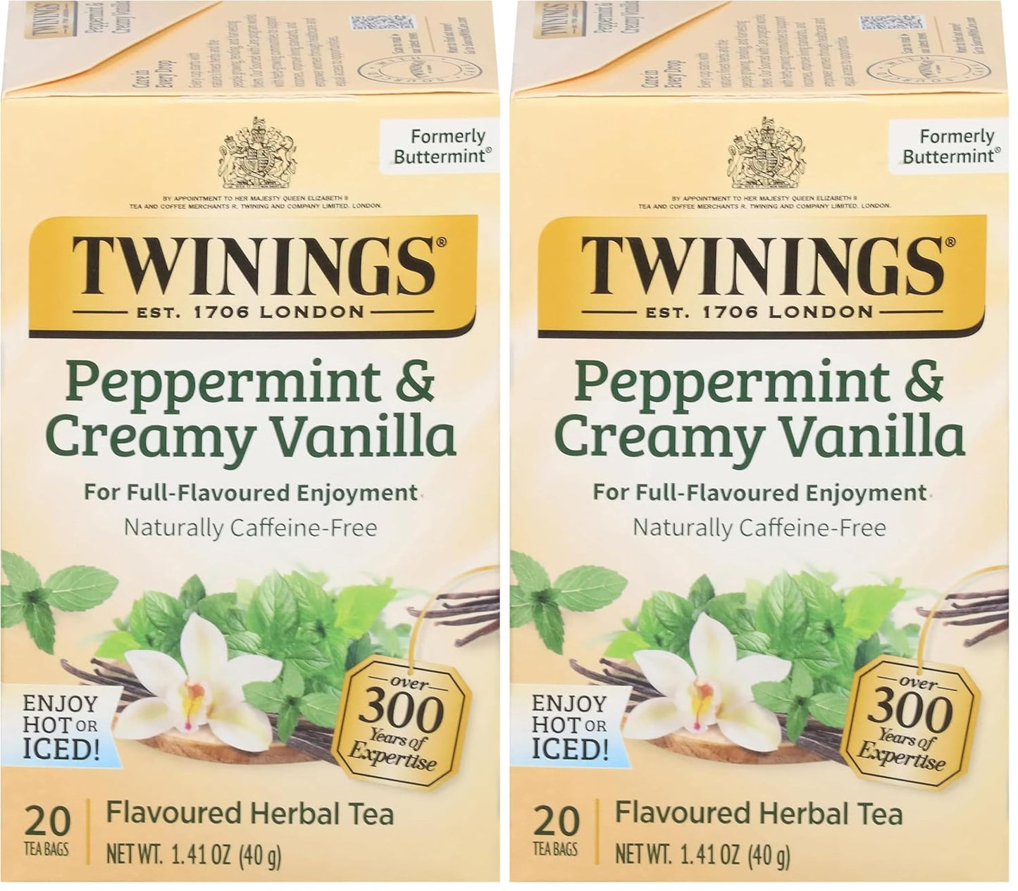 Twinings Peppermint & Creamy Vanilla Herbal Tea - Caffeine-Free, 20 Individually Wrapped Bags (Pack of 2) | Enjoy Hot or Iced