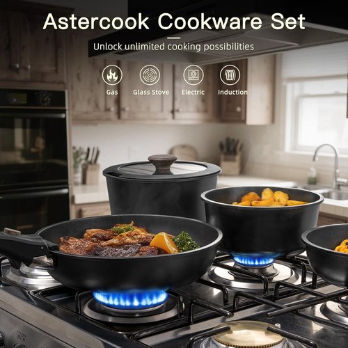 Astercook Non-Stick Ceramic Cookware Set - 21-Piece RV Kitchen Pots & Pans, Oven Safe, Induction Ready, Black