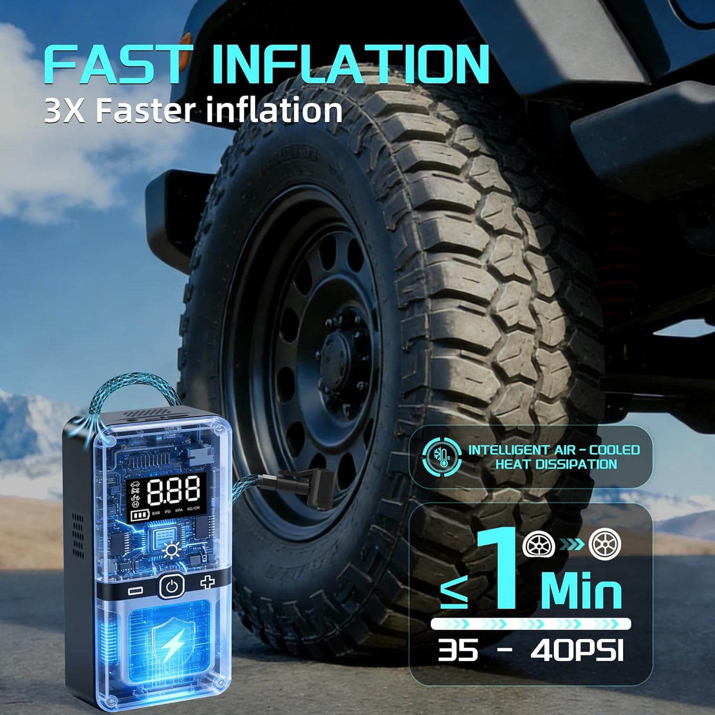 Skiennix Portable Tire Inflator - Digital Pressure Gauge, LED Lights & Auto Shut-Off | 12V DC Car Pump