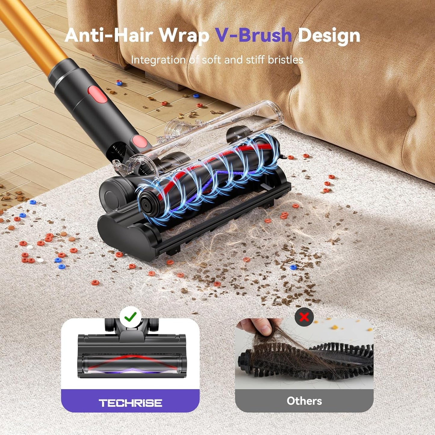 TechRise Cordless Vacuum Cleaner - 500W Stick Vacuum with Anti-Tangle Brush | 60-Min Runtime, LED Display, Lightweight for Hardwood & Carpet