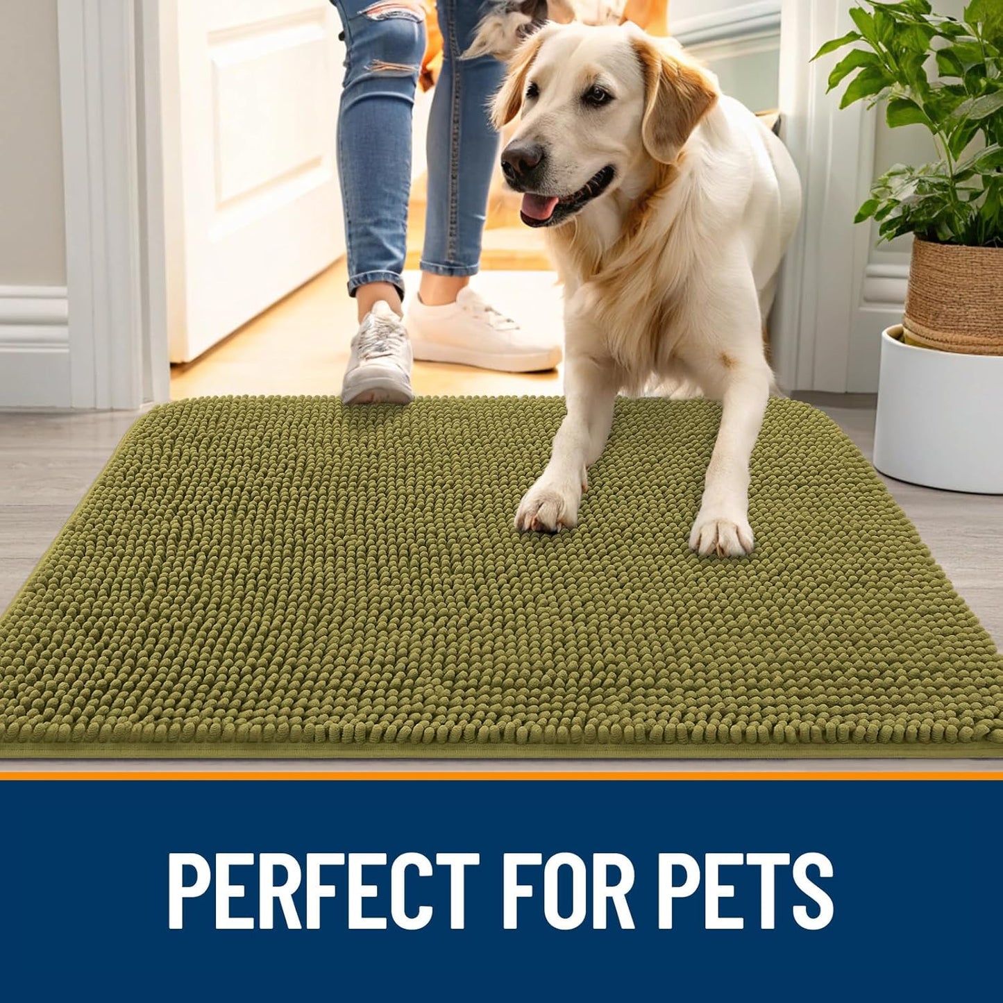 OLANLY Dog Door Mat - Absorbent Non-Slip Washable Doormat for Muddy Paws | 35x24 Inches, Willow Green