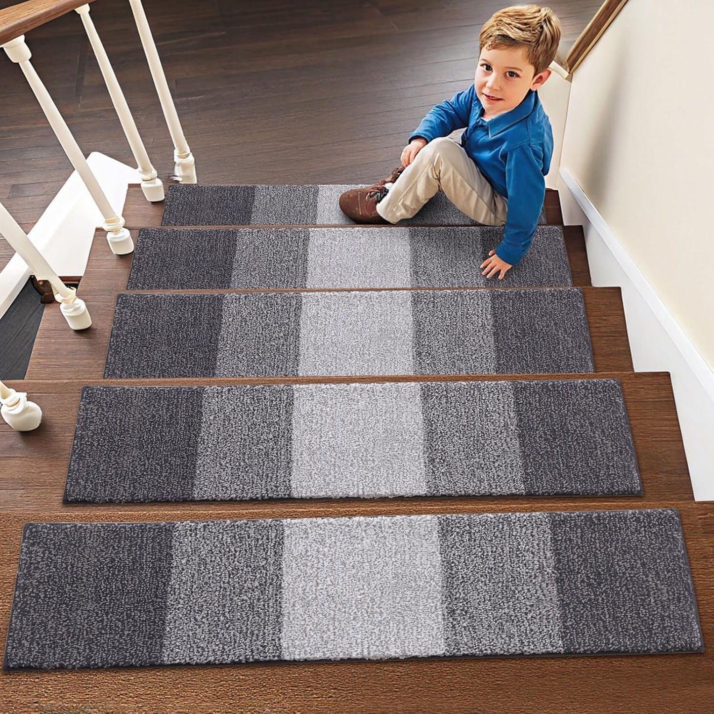 OLANLY Non-Slip Stair Treads - 15PCS Indoor Stair Runners for Wooden Steps | 8" x 30" Grey Edging Rugs with Reusable Adhesive for Kids, Elders, and Pets
