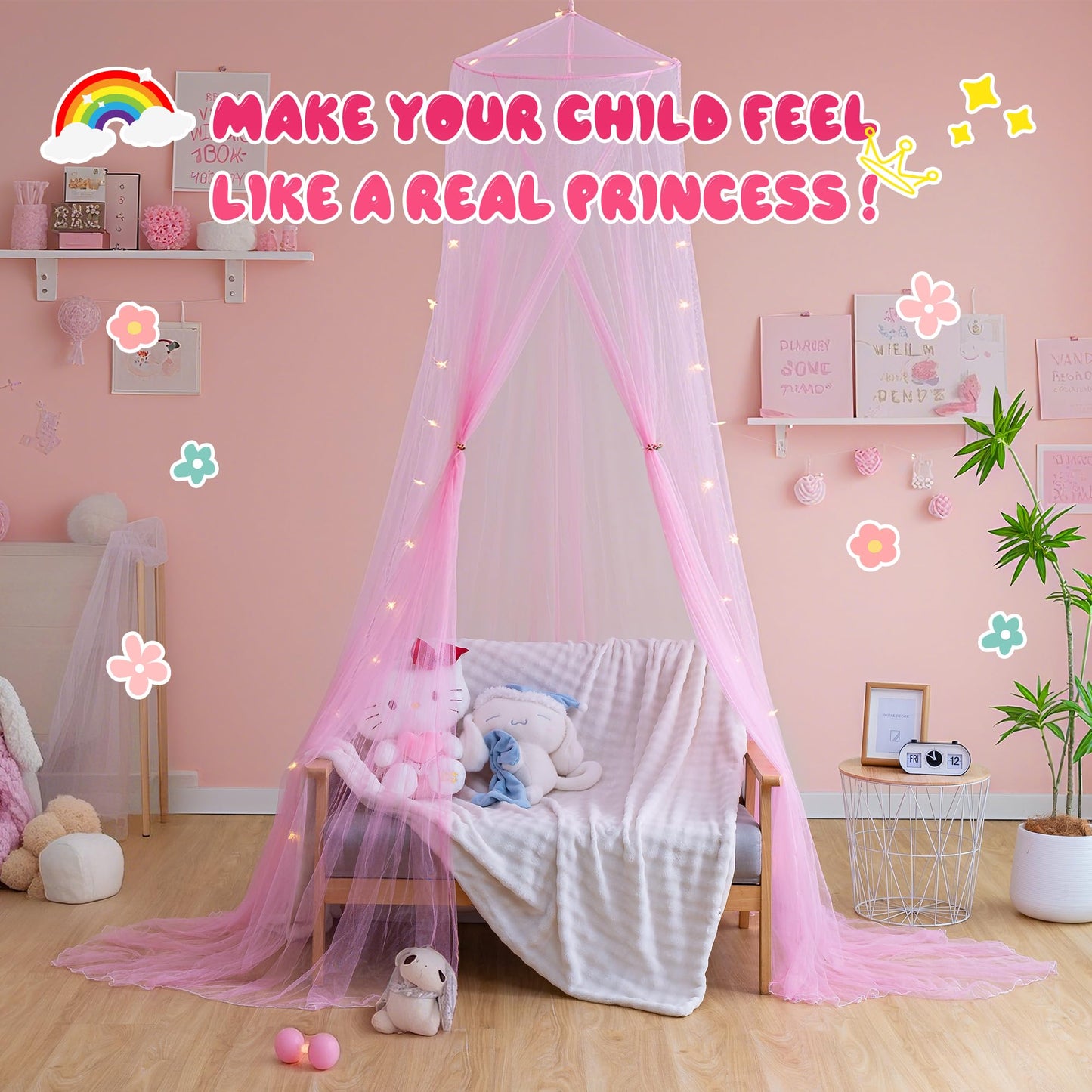 lazyzzz Bed Canopy for Girls Room Bed Drapes, Boho Bed Canopy Curtains Mosquito Net for Queen King Size Kids Bed, Princess Ceiling Play Tent for Children Reading Nook