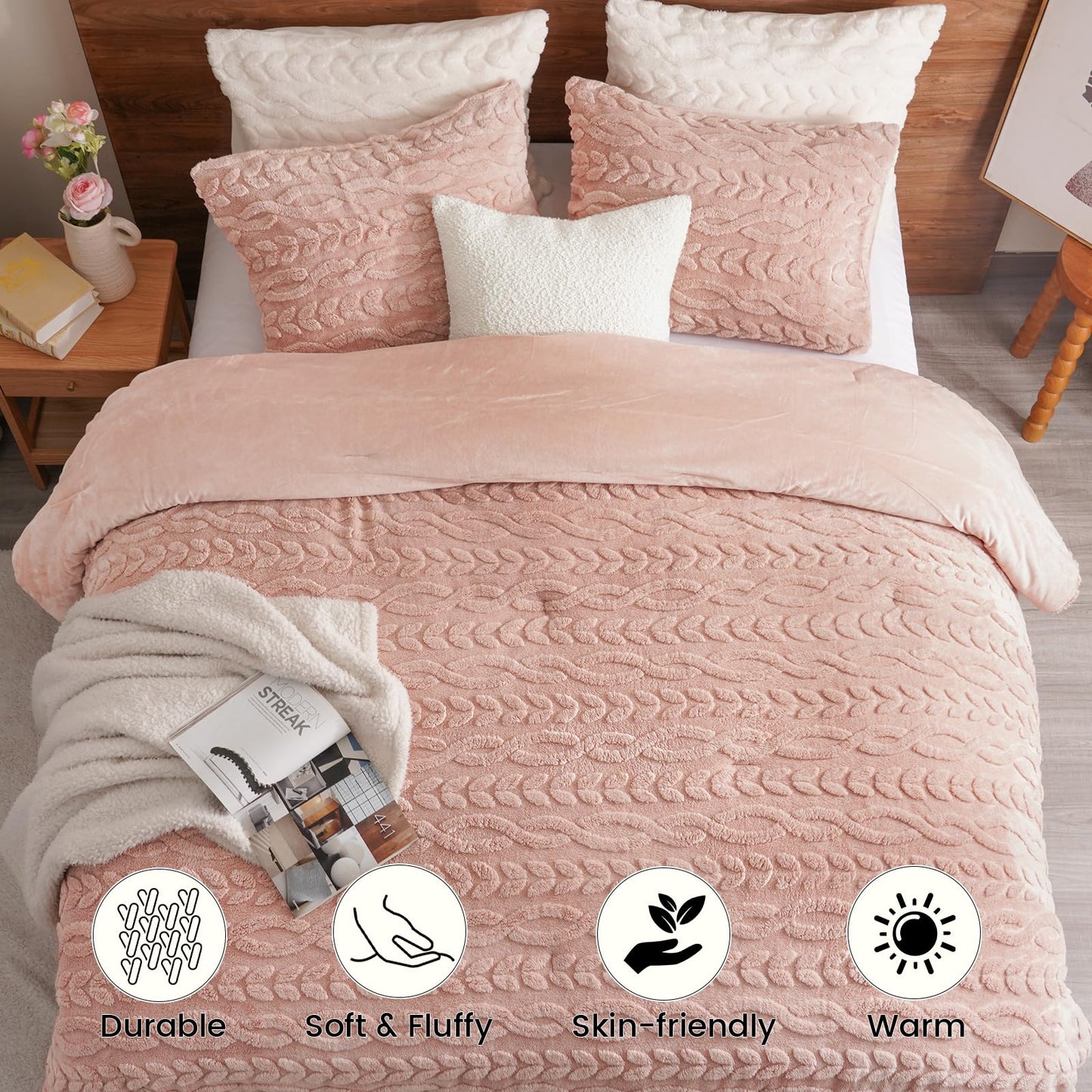PHF Fluffy Sherpa Fleece Twin Comforter Set, 2 Pieces Warm Fuzzy Soft Bedding for Winter, 3D Tufted Flannel Plush Shaggy Bed Set, 1 Comforter (68"x90") and 1 Pillowcase (20"x26"), Pink