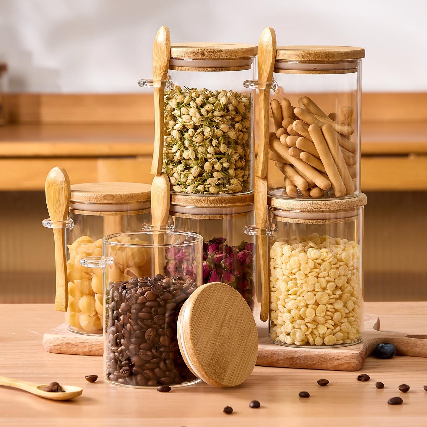 4 Pack Overnight Oats Containers with Bamboo Lids and Spoons - 22 oz Airtight Glass Jars with Lid, Meal Prep Jars for Chia Pudding, Yogurt, Salad, Cereal, Coffee, Flour | Food Storage Canister