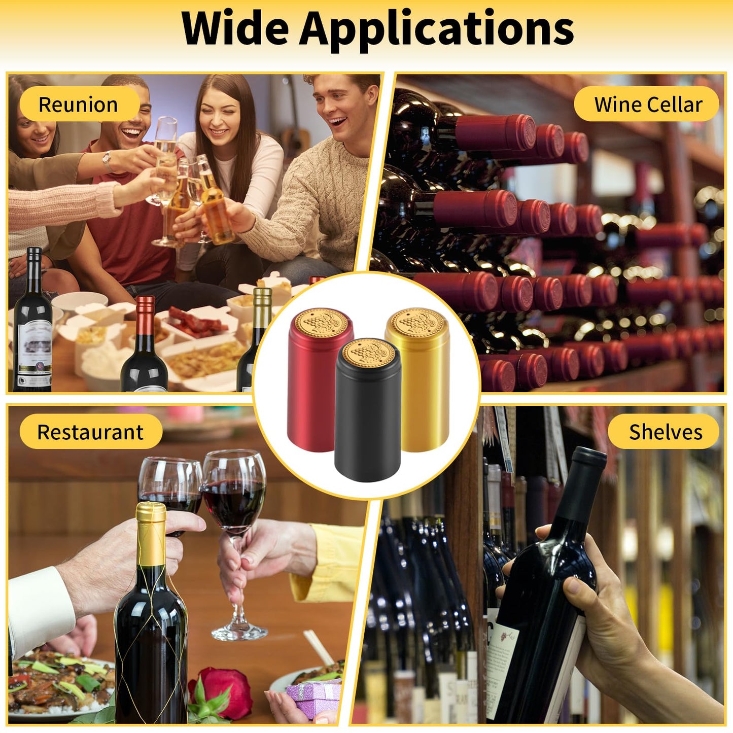 PVC Heat Shrink Capsules, 120 Pieces Wine Shrink Wrap Caps, 3 Color Wine Bottle Capsules Shrink Caps for Professional Wine Making Cellars and Home Use (Black, Red, Gold)