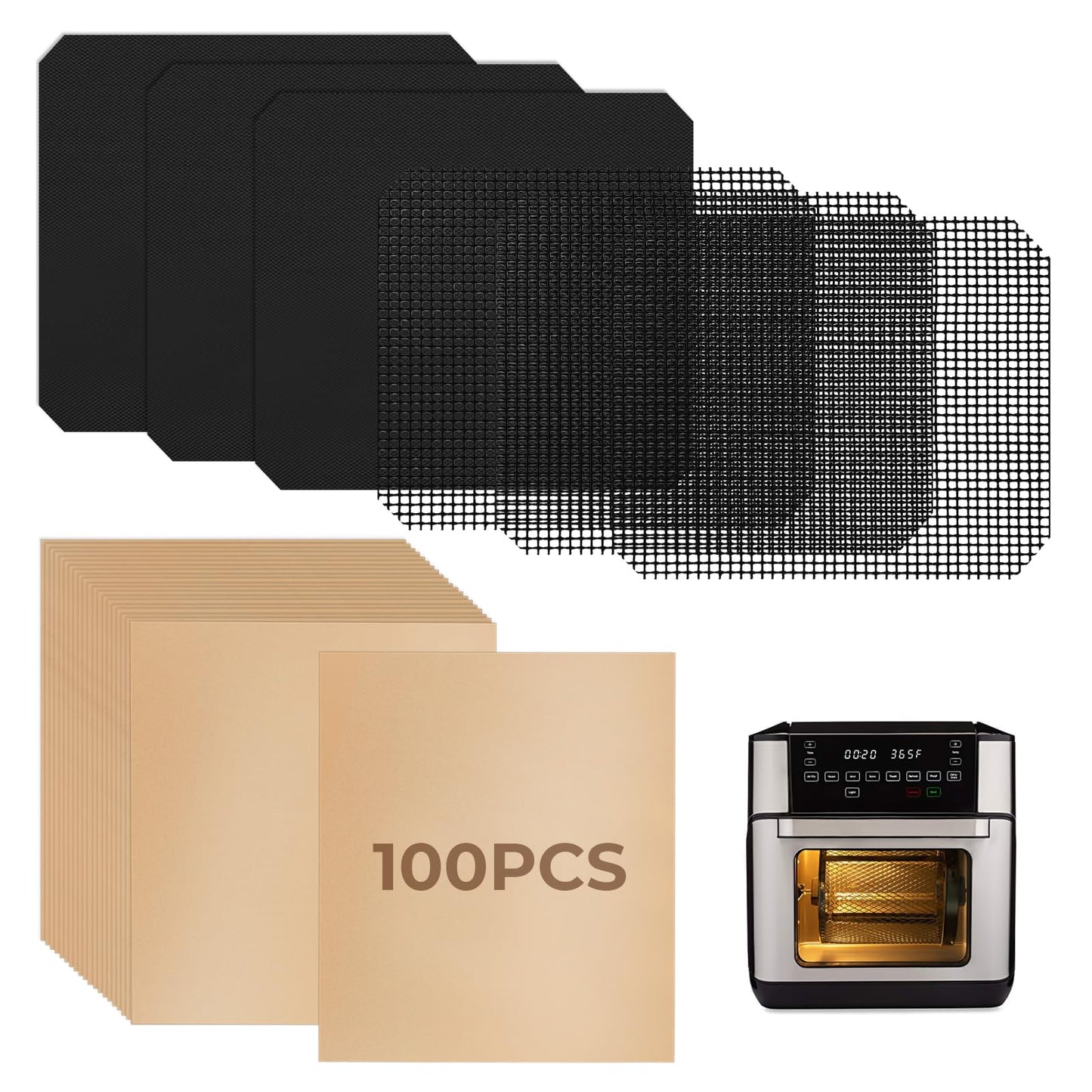 100Pcs Air Fryer Paper Liners, 3Pcs Reusable Oven Liners and 3Pcs Mesh Grill Mats Compatible with Instant Vortex Pro Plus 10QT, Non Stick Oven Liner for Toaster, Microwave
