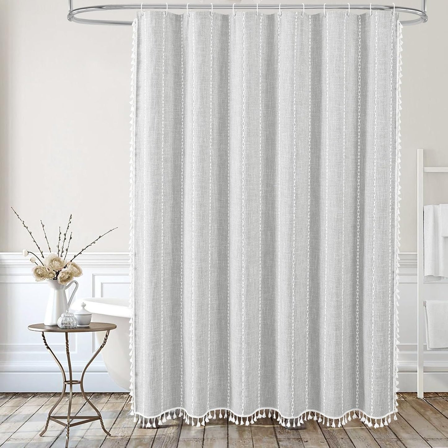 MitoVilla Grey Boho Farmhouse Shower Curtain Set - 36 x 72 Inch, Narrow Polyester Linen for Bathroom Decor