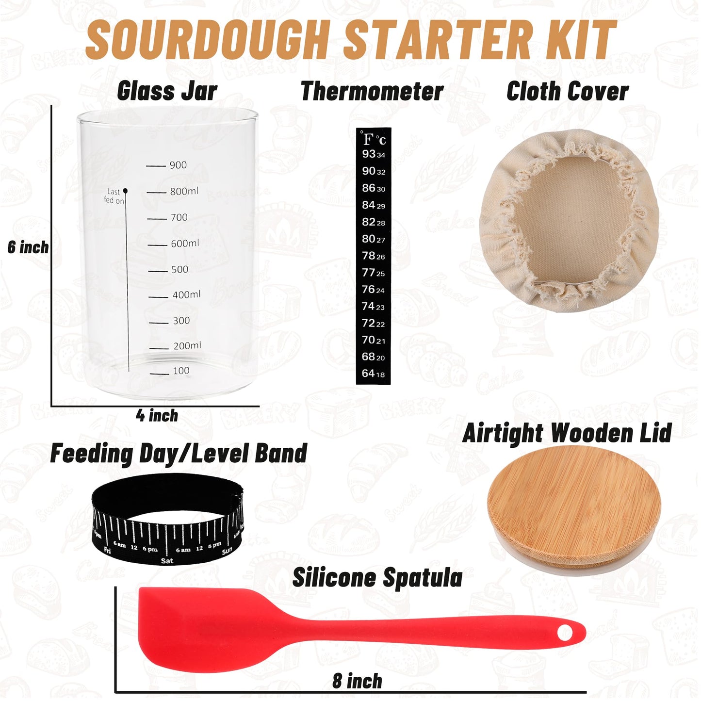 Xileanalee Pro Sourdough Starter Jar Kit- 35 Oz Large Sourdough Starter Glass Jar with Date Marked Feeding Band,Thermometer,Spatula,Cloth Cover& Lid for Sour Dough Bread Loaf