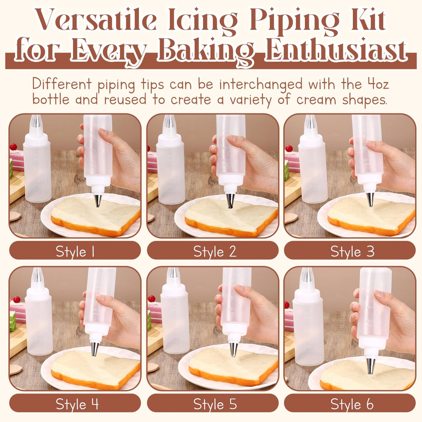 LemonRoad 4 Pcs Piping Bottles for Icing Cookie Decorating Supplies Plastic Squeeze Bottles with 6 Different Piping Tips for Cookie Icing Kit Pancake Squeezing Applicator Writer(4 oz)