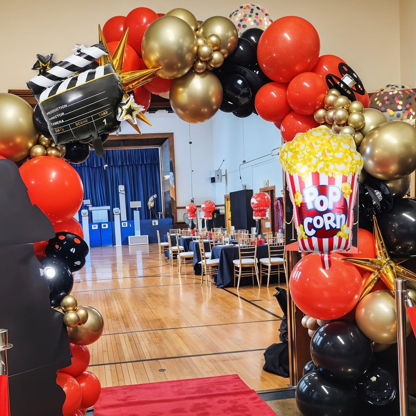Movie Night Party Balloons, Red Black Gold Confetti Balloons with Film Clapboard and Pop Corn Foil Balloon for Boy Girl Movie Theme Party Decorations Graduation Baby Shower Birthday