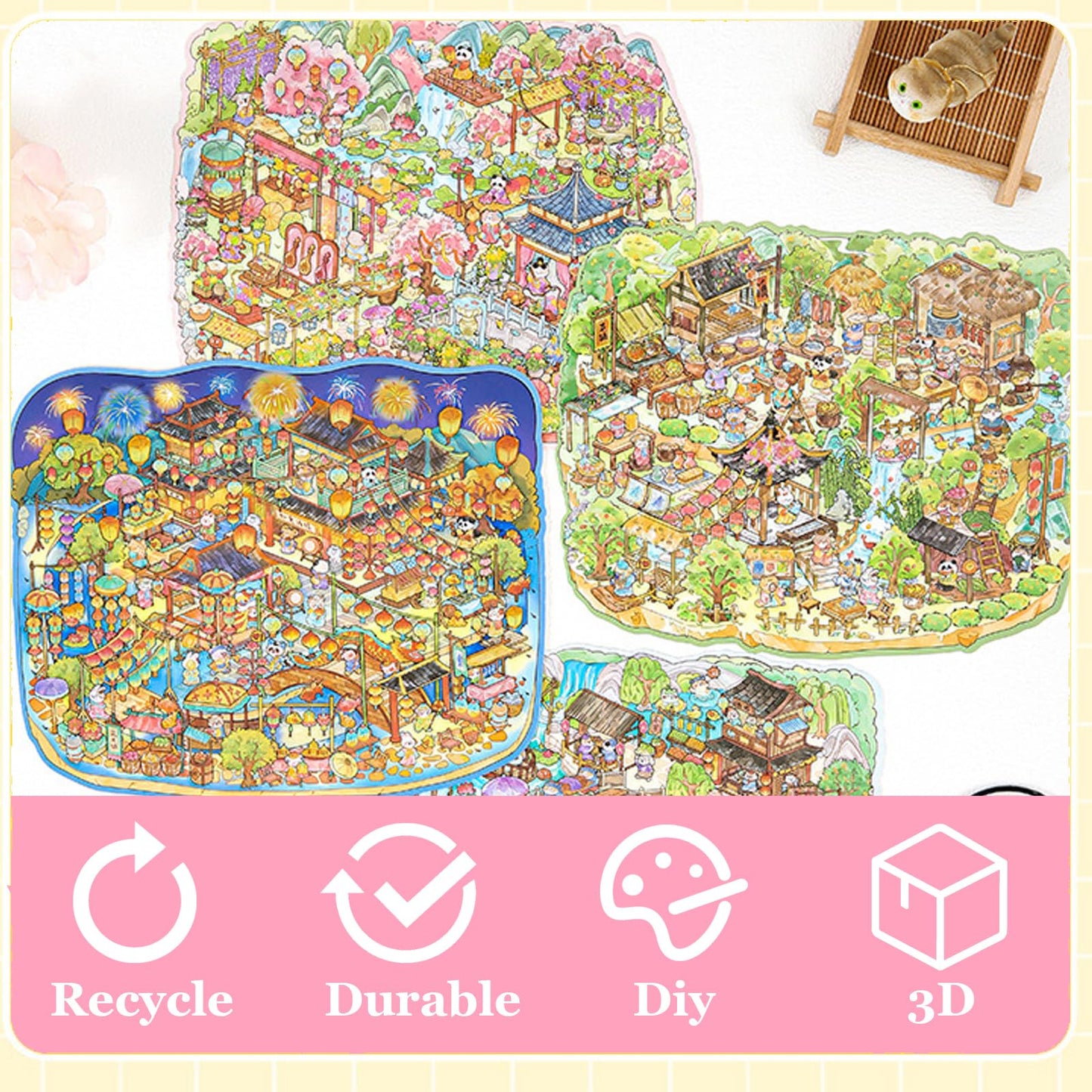 SZXYCZL Cute Miniature Scene 4Sets Big DIY 3D Sticker Scene Stick Ancient Chinese Market, Make You Own Mini House Sticker Therapy for Teen Adult Relief Pass The Time-Ancient Chinese Bazaar