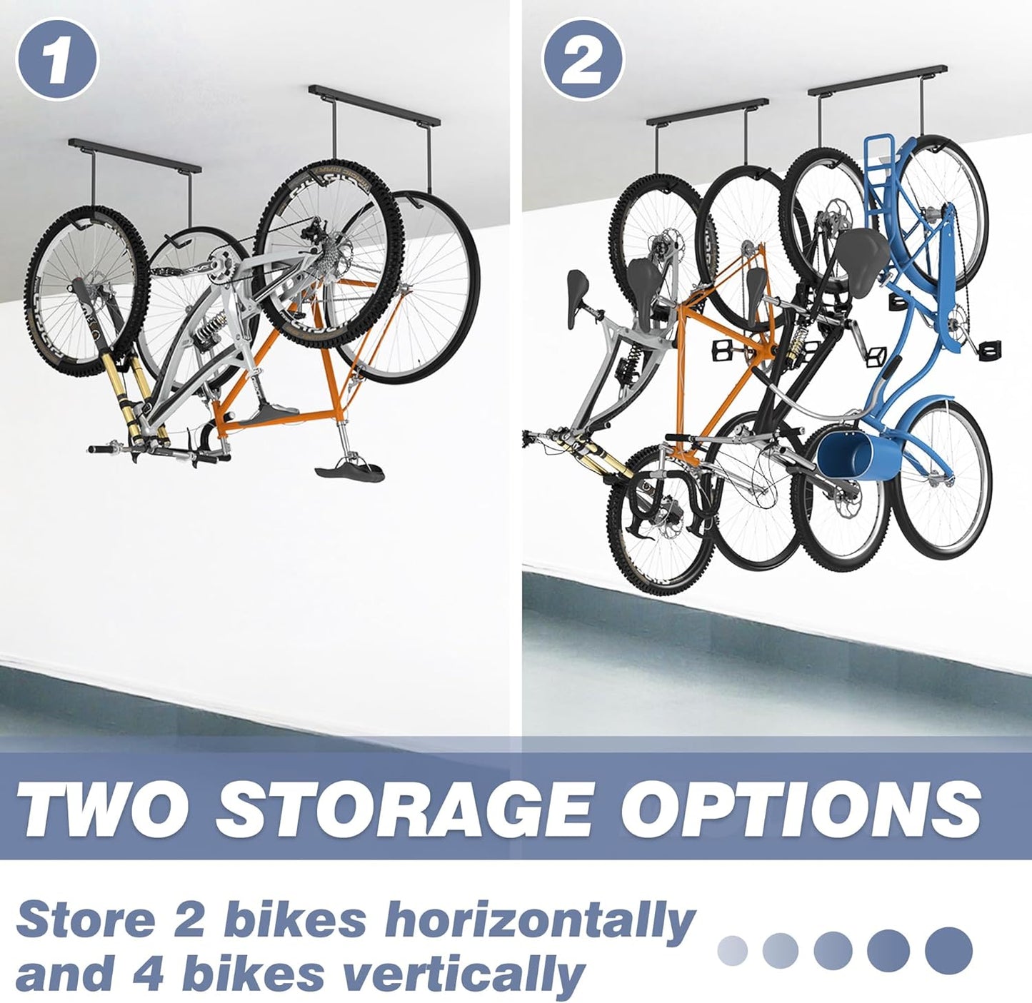 WALMANN Ceiling Mounted Bike Rack - Space-Saving Storage for 2 Bikes Horizontally or 4 Bikes Vertically