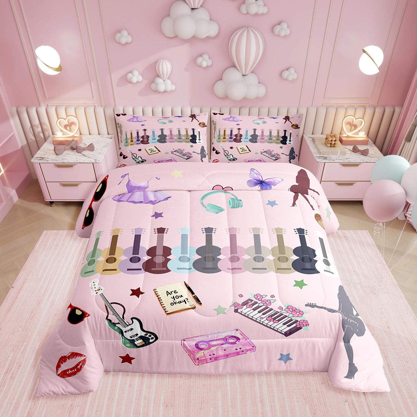 Erosebridal Music Fans Guitar Comforter Set Music Themed Bedding Set Full Size Singer Fans Pink Down Comforter for Kids Girls Women Fashion Birthday Valentines Day Gift Quilt Set 3 Pcs Bedroom Decor