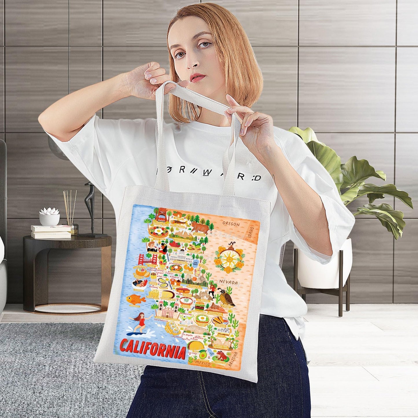 BWWKTOP California Travel Tote Bag - Reusable Grocery Bag - California Souvenirs Gift - 14.56" x 12.59" - Female Adults - California Surf