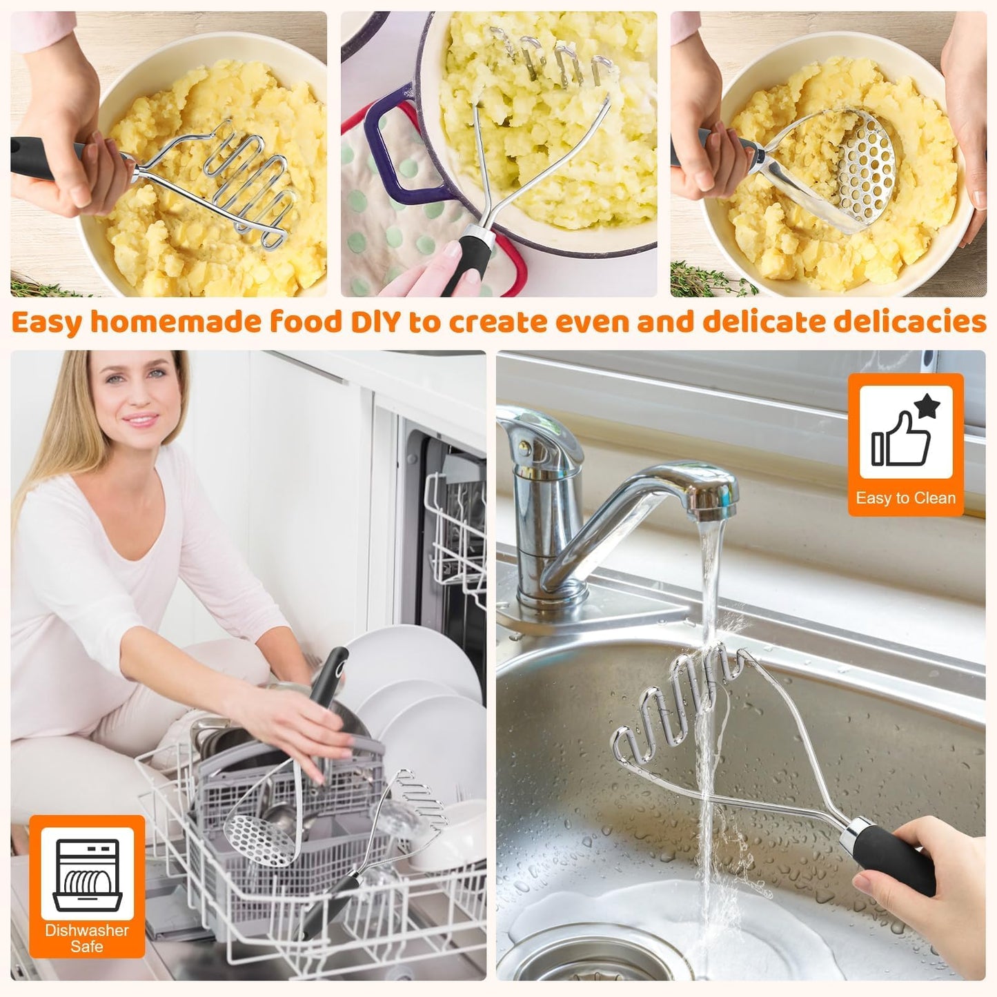 Potato Masher Set of 2 Pieces, 10.25-Inch Stainless Steel Wire Mashed Potato Masher, Kitchen Gourmet Making Tools Professional Integrated Honeycomb, For Vegetable, Fruit, Melon, Potato Etc, Black