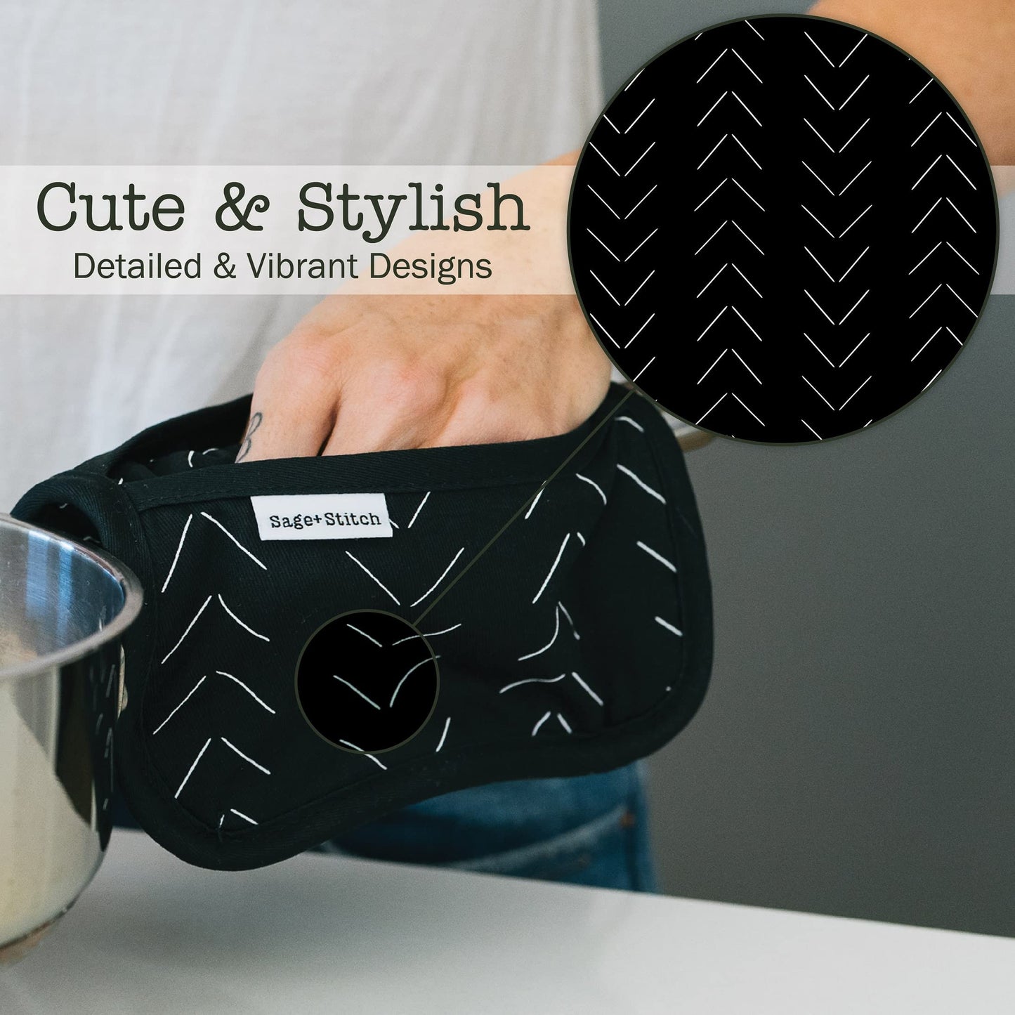 Sage+Stitch Heat Resistant Designer Pot Holders with Hand Pockets and Hanging Loops | Set of 2 100% Cotton Dual Function Kitchen Pot Holders | 7'' x 9'' | Black