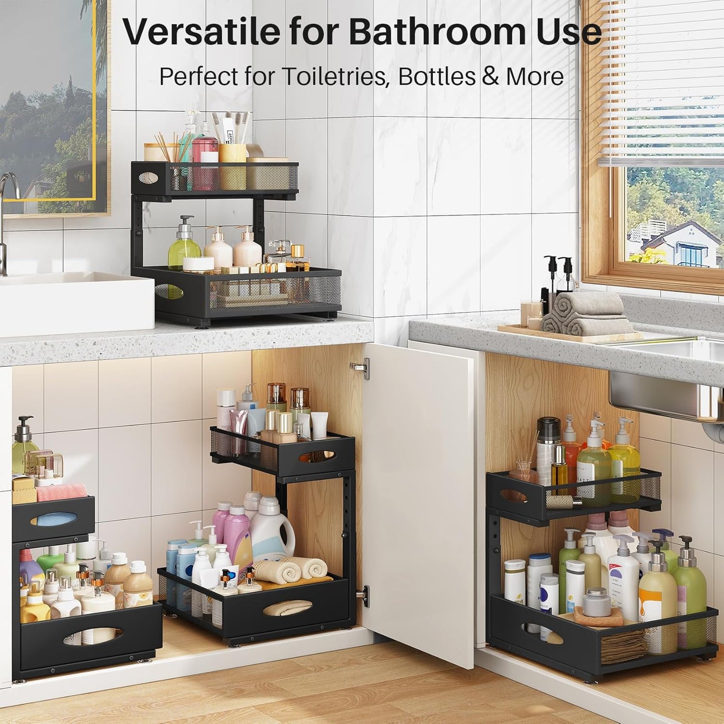 Under Sink Organizer - 2 Tier Pull Out Cabinet Shelf with Mesh Drawers | Black Storage Solution
