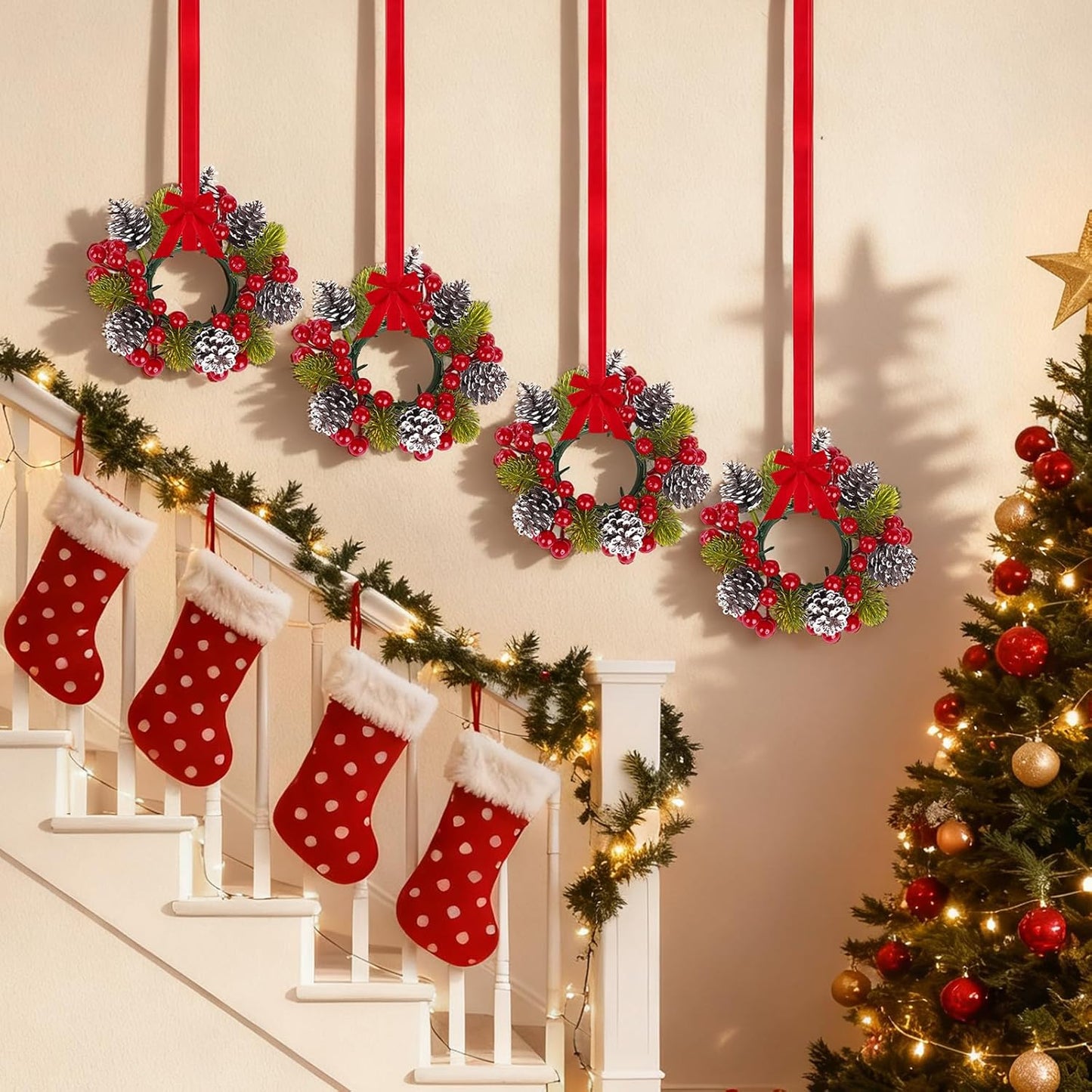 Regine Switzerland Christmas Candle Ring Set - 6 Pcs with Pine Cones, Red Berries & Green Leaves for Pillar Candle Holders | Festive Table Centerpiece Decor
