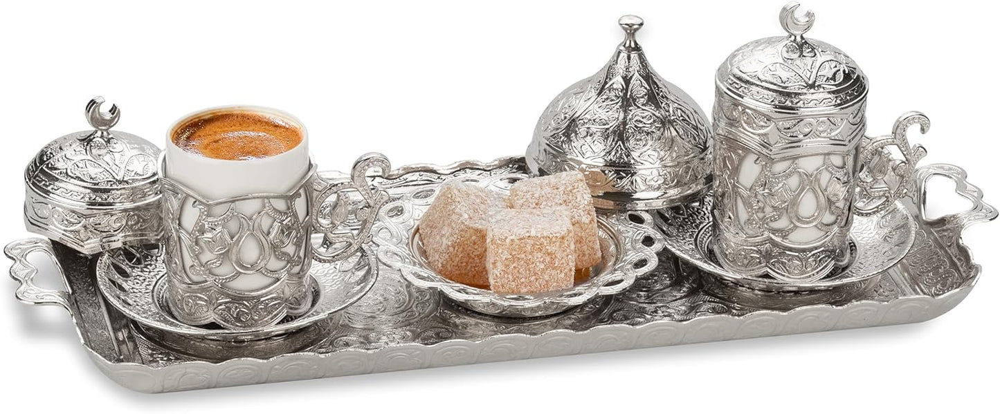 Alisveristime Ottoman Turkish Greek Arabic Espresso Coffee Cups with Saucer and Lid (Set of 2) (Hilal) (Silver)