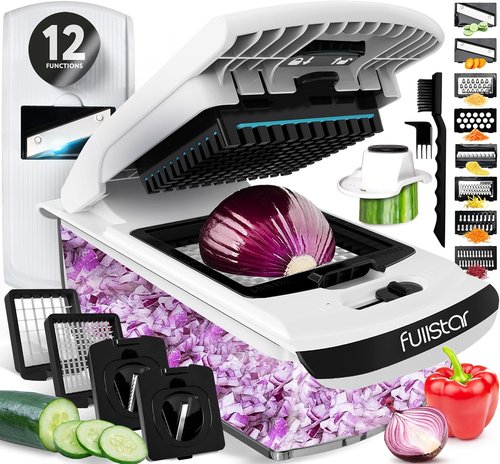 Fullstar Mandoline Slicer - Versatile Vegetable Chopper & Cutter with Container | All-in-One Kitchen Gadget (White/Black)