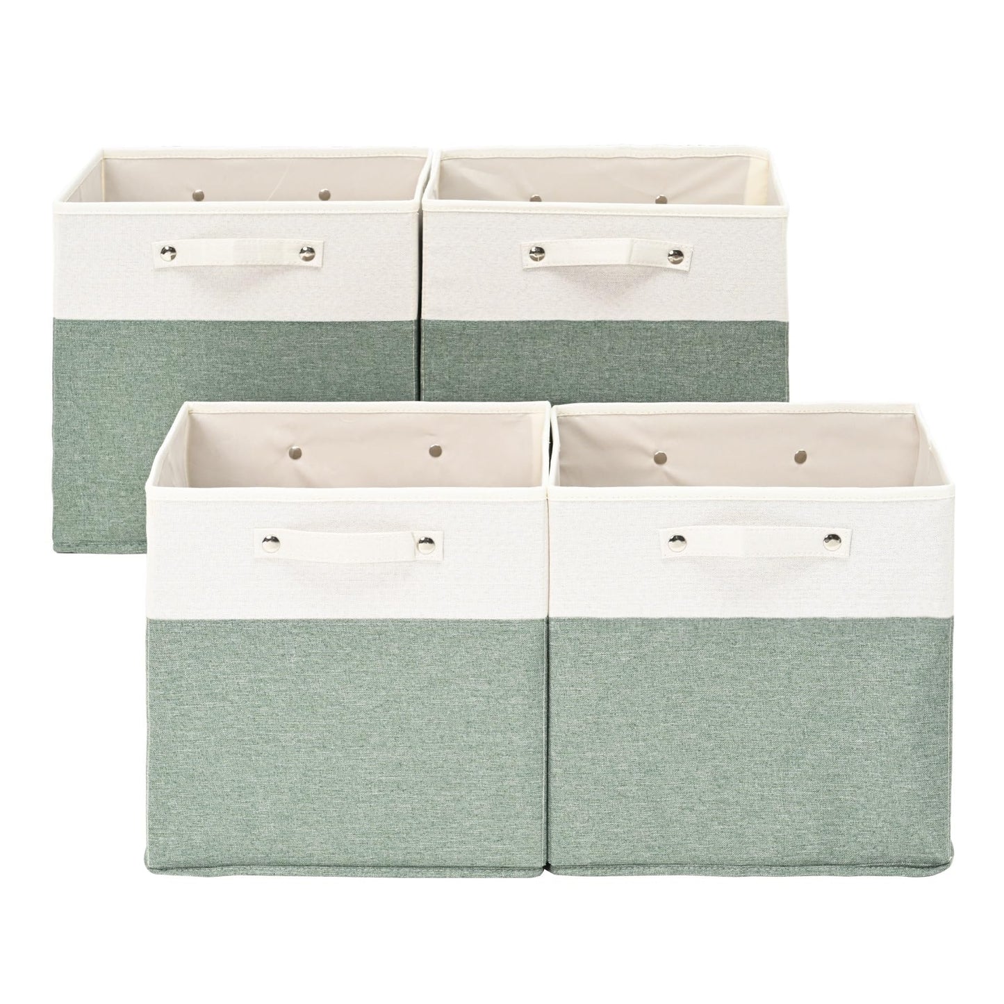 FinishingBo 13 x 13 Inch Fine Linen Storage Bins with Handles，Fabric Cube Boxs，Basket Organizers for Shelves for Home, Closet Drawers (White/Green-4 Pack )