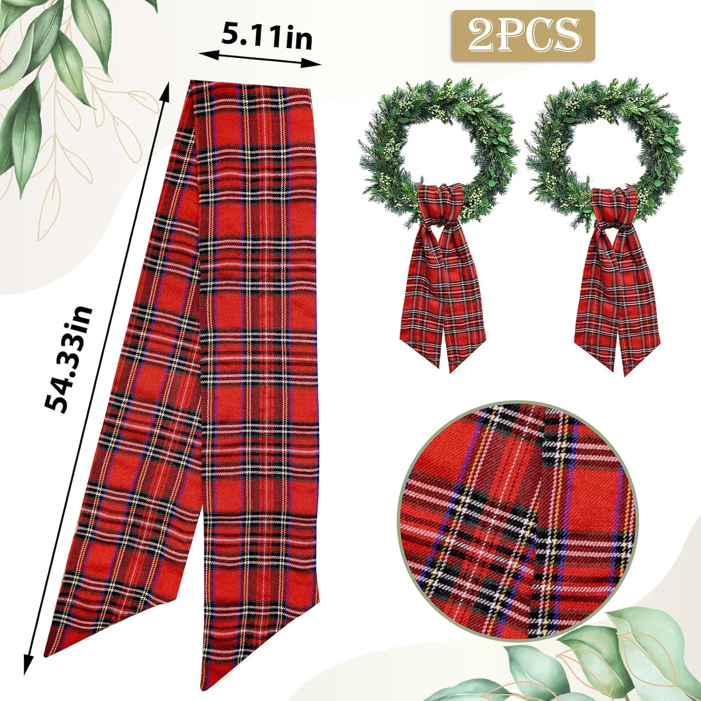 Regine Switzerland Christmas Wreath Sash - Red Buffalo Plaid Satin Ribbon | 5.1 x 54.3" Indoor/Outdoor Decor