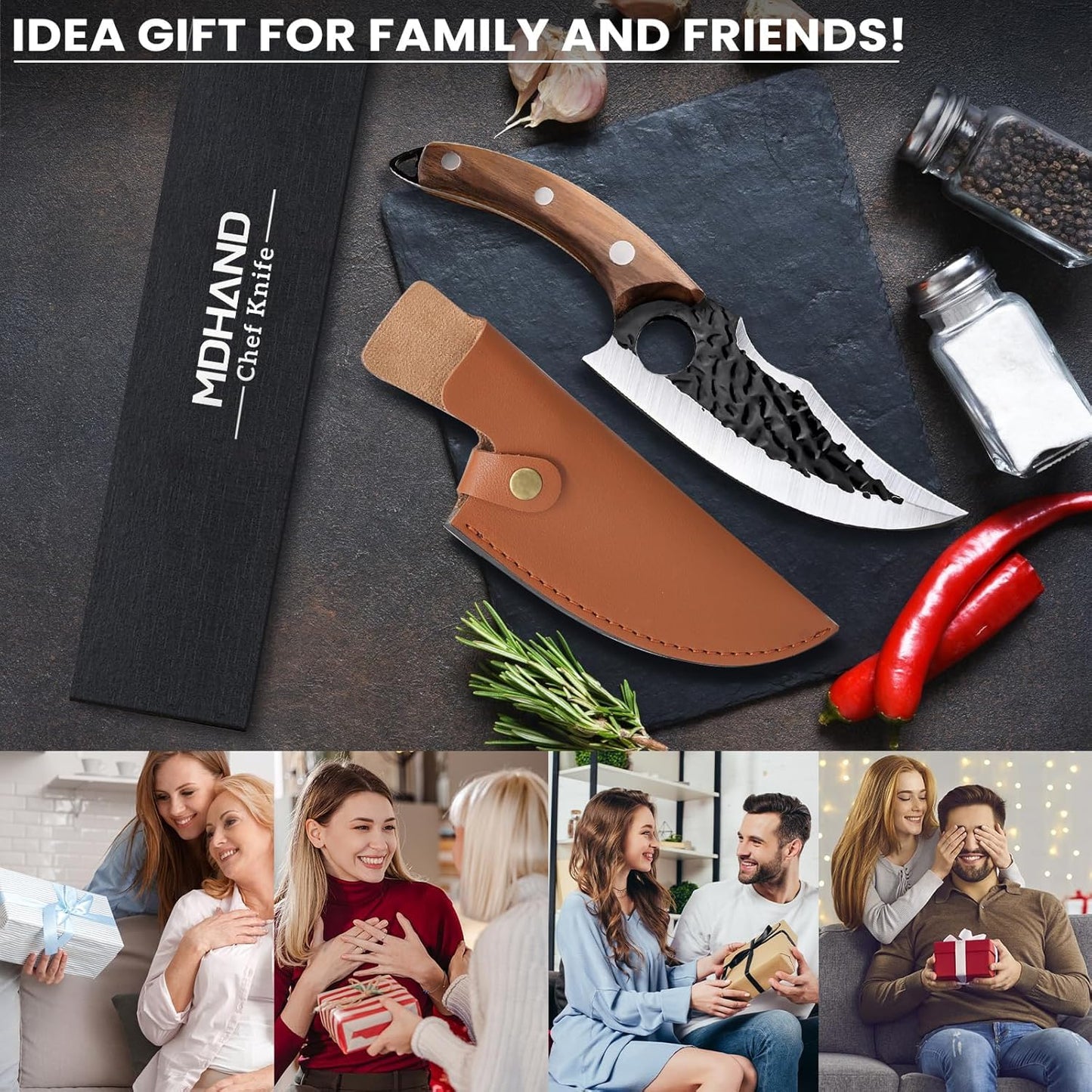MDHAND Chef Knife - Hand Forged Kitchen Knife, High Carbon Steel Butcher Knife for Meat Cutting, Japanese Chef Knives for Camping, Outdoor, BBQ, Gifts for Men