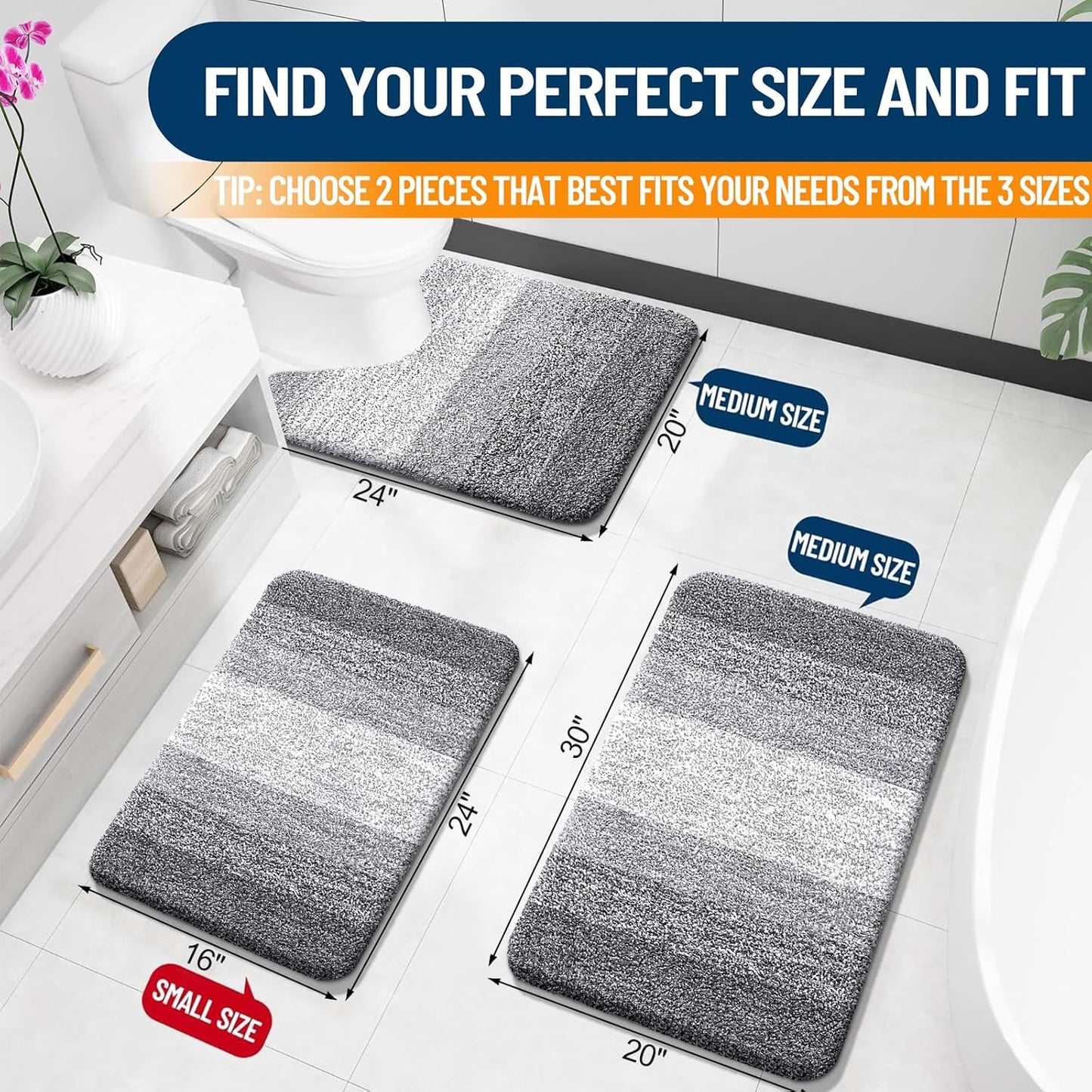 OLANLY Bathroom Rug Set - Soft Absorbent Microfiber Non-Slip Mats | Plush Shaggy Design (Grey, 30"x20" + 24"x16")