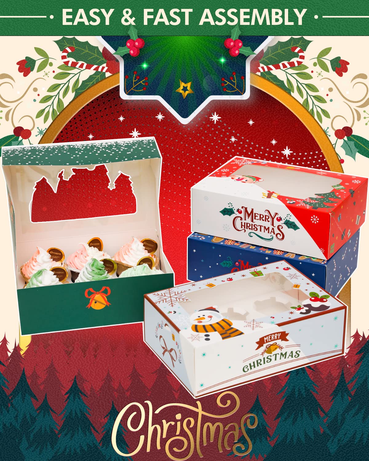 qiqee Christmas 6 Cupcake Boxes with Window 30 Packs Cupcake Box 9.4x6.1x3 inch Bakery Boxes For Cupcakes Carrier, Cupcake Containers