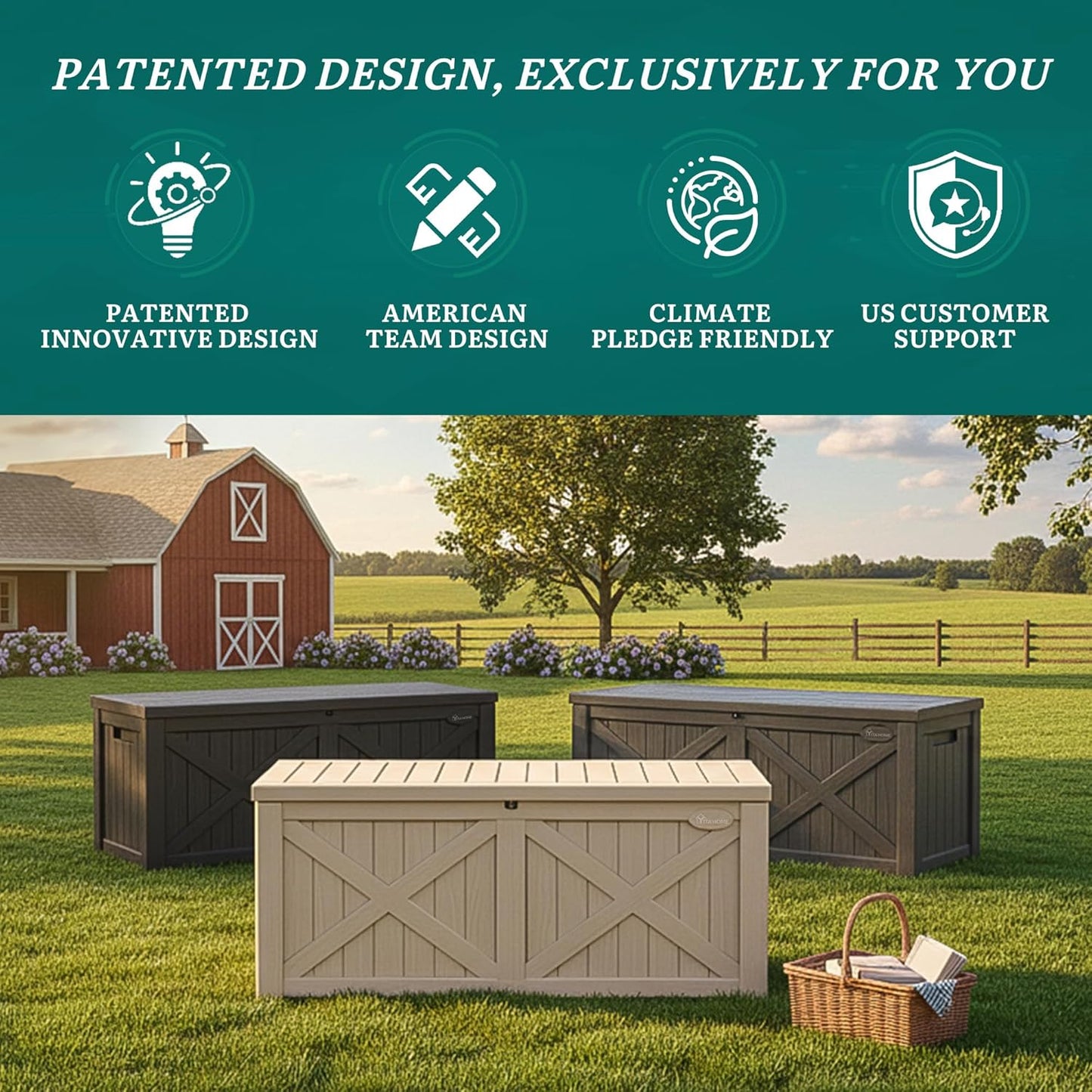 YITAHOME 150 Gallon Outdoor Storage Box - Waterproof Resin Deck Bench for Patio & Garden - Taupe